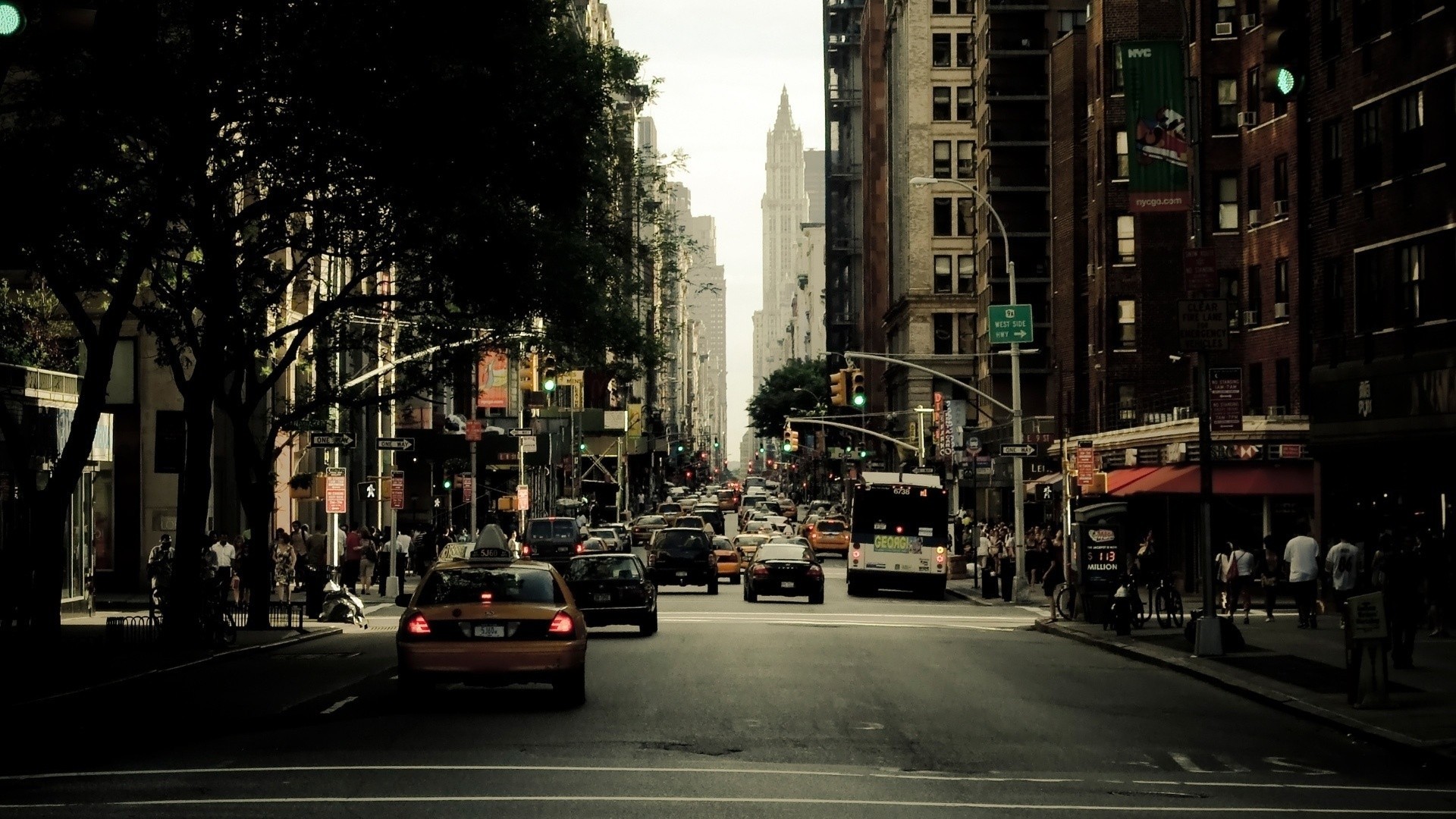 Manhattan, Strada, Taxi giallo, Alberi, Full HD, wallpaper per portatile