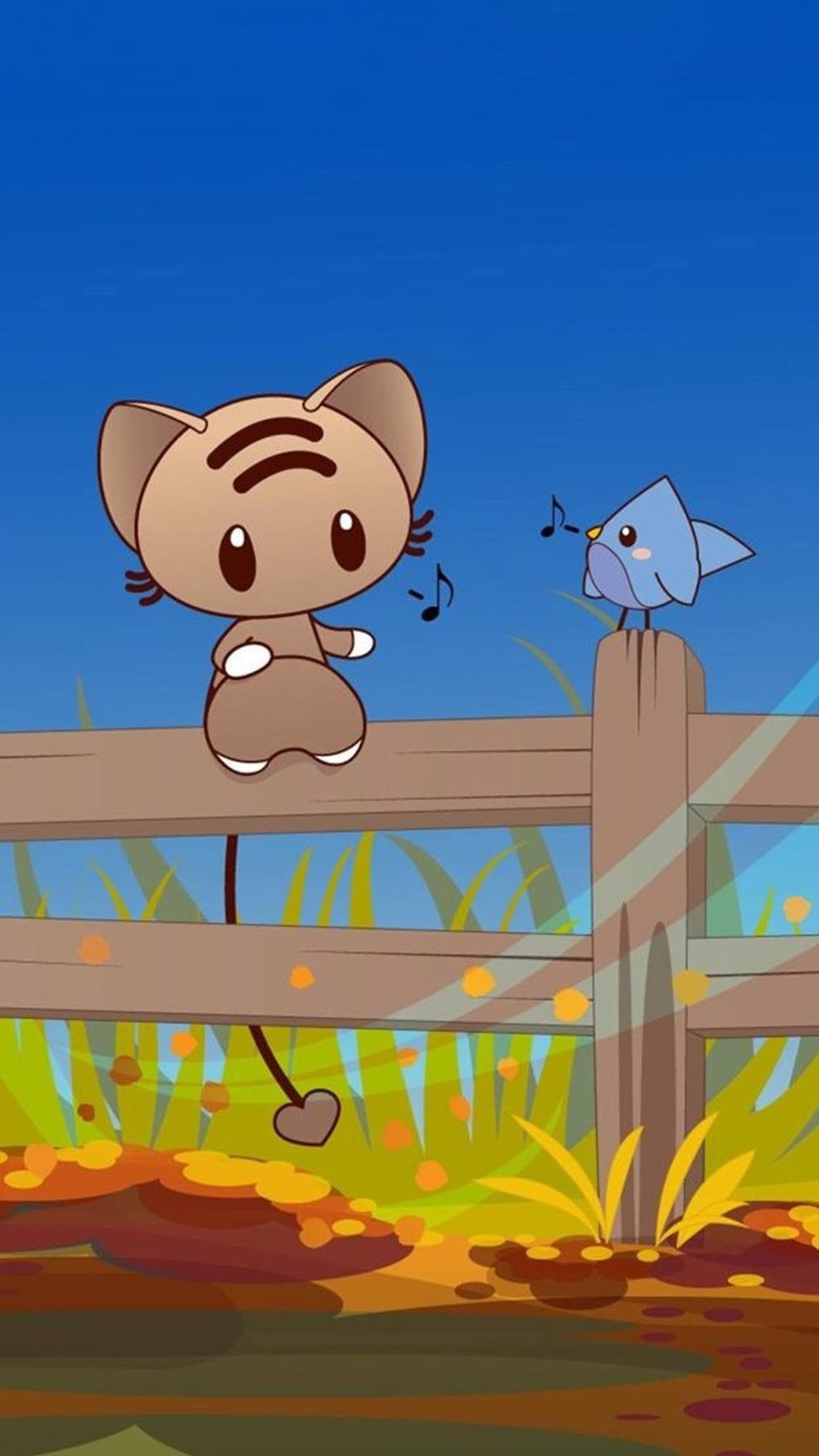 Gattino kawaii, Uccellino, Staccionata, Illustrazione, wallpaper iPhone 5S