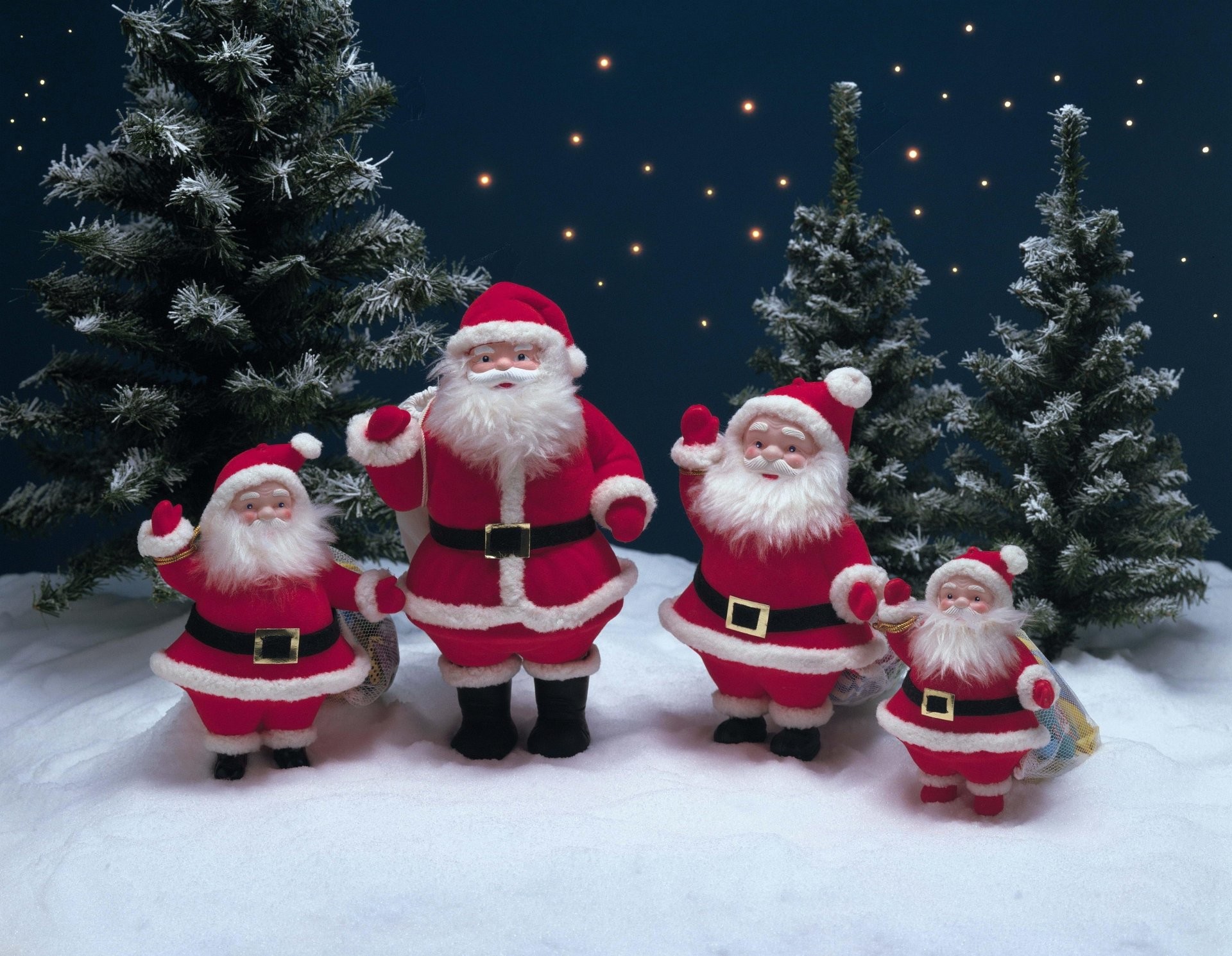 Babbo Natale, Statuine, Neve, Abeti, Notte stellata, Full HD, sfondo per PC e portatile