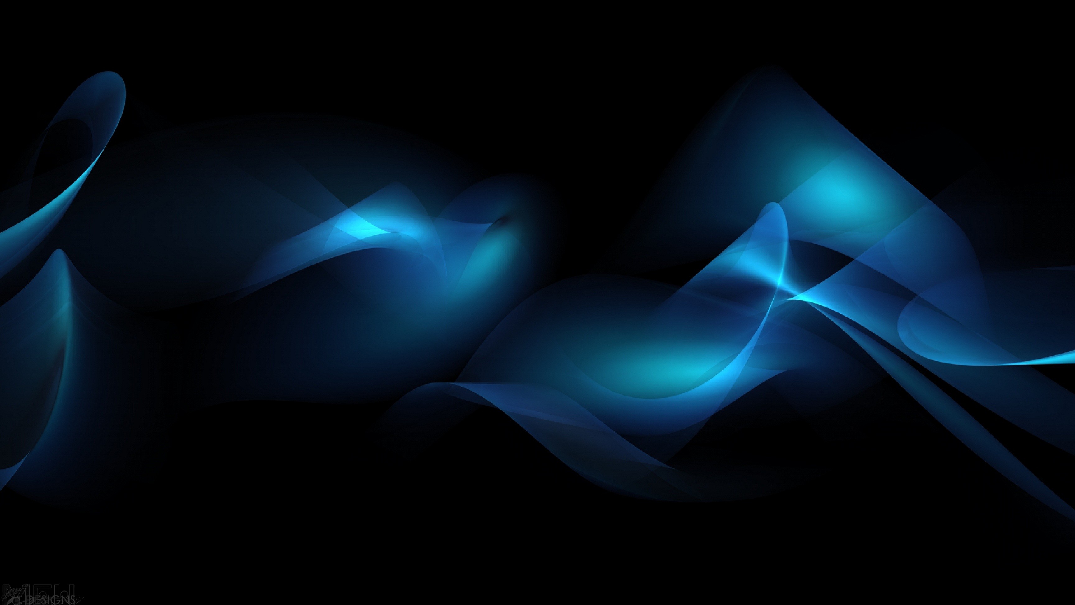 Onde, Azzurro, Sfondo nero, Astratto, 2K, wallpaper per portatile
