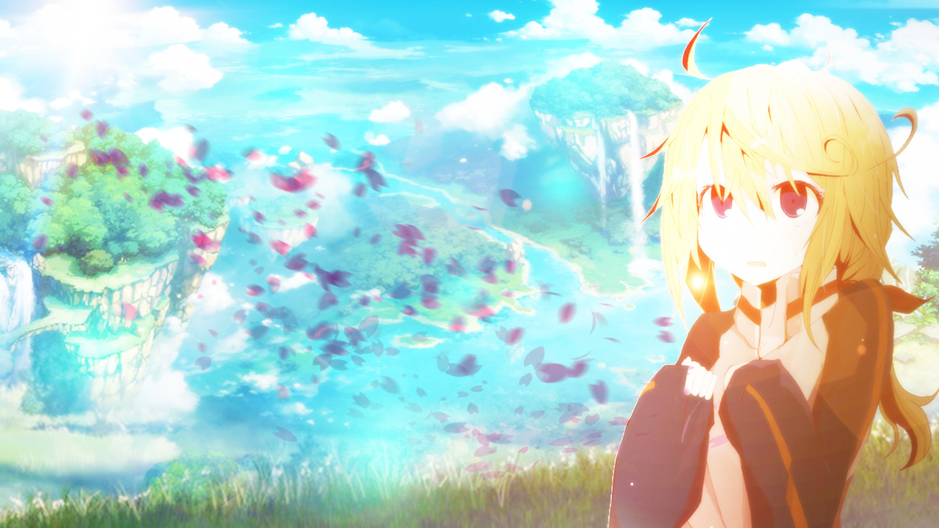 Ragazza anime, Paesaggio fantasy, Petali, Kawaii, 1920x1080, immagine di sfondo
