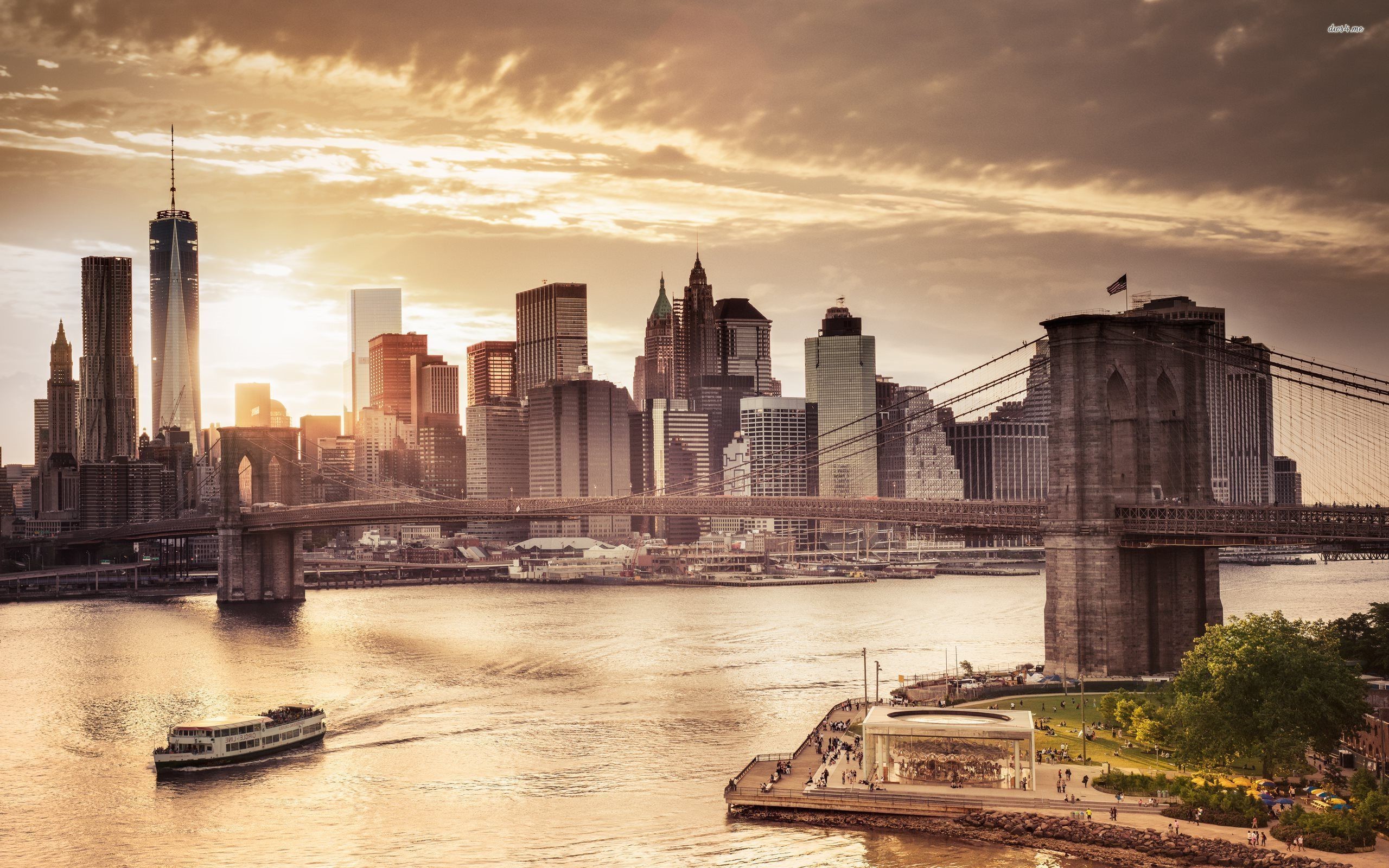 Ponte di Brooklyn, Lower Manhattan, One World Trade Center, East River, sfondo 2K per computer