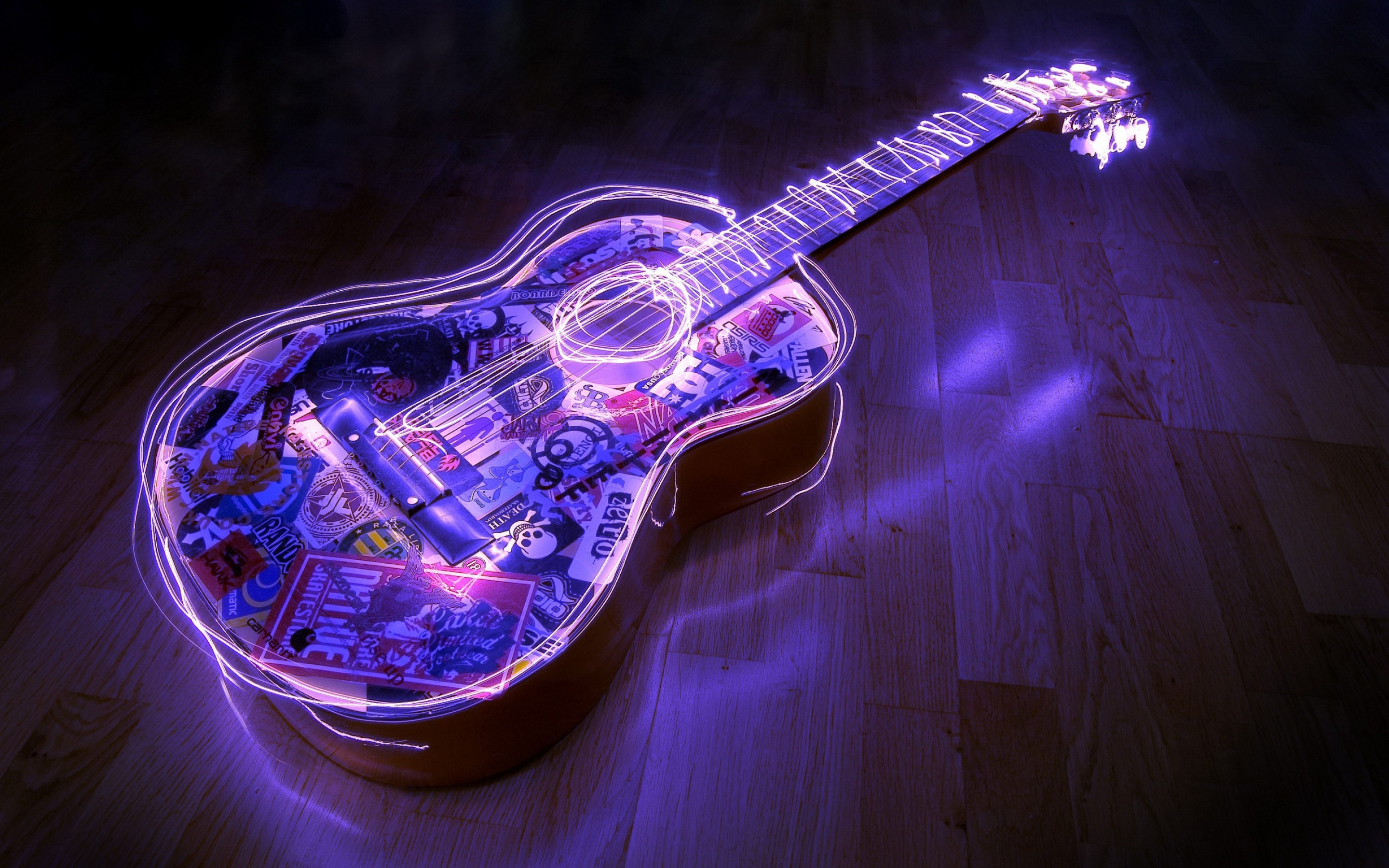 Chitarra acustica, Neon viola, Light painting, 2880x1800, immagine di sfondo