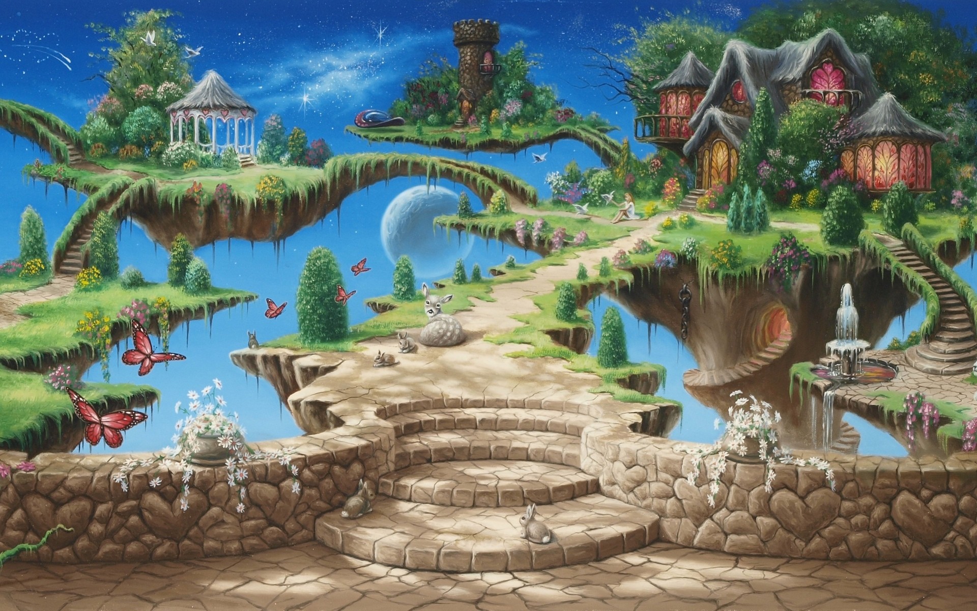 Paese delle Meraviglie, Isole fluttuanti, Gazebo, Arte fantasy, Full HD, sfondo desktop