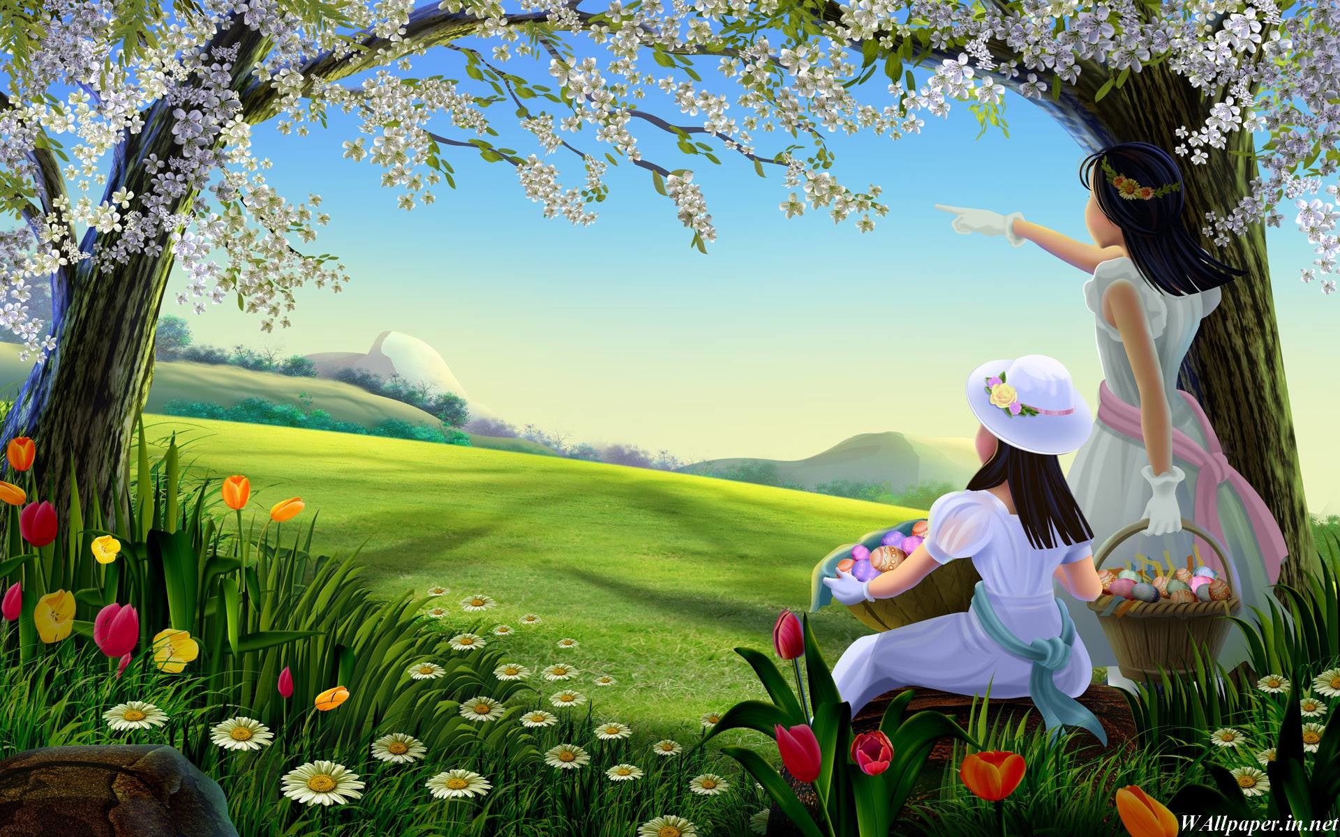 Ragazze, Primavera, Prato fiorito, Illustrazione, sfondo desktop