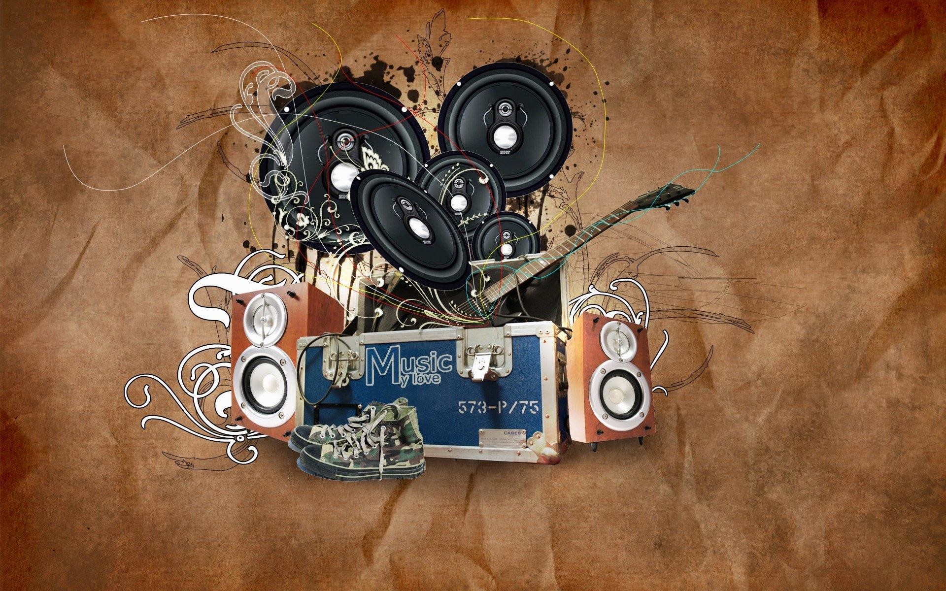 Altoparlanti, Chitarra, Collage musicale, Carta, 1920x1200, sfondo per PC