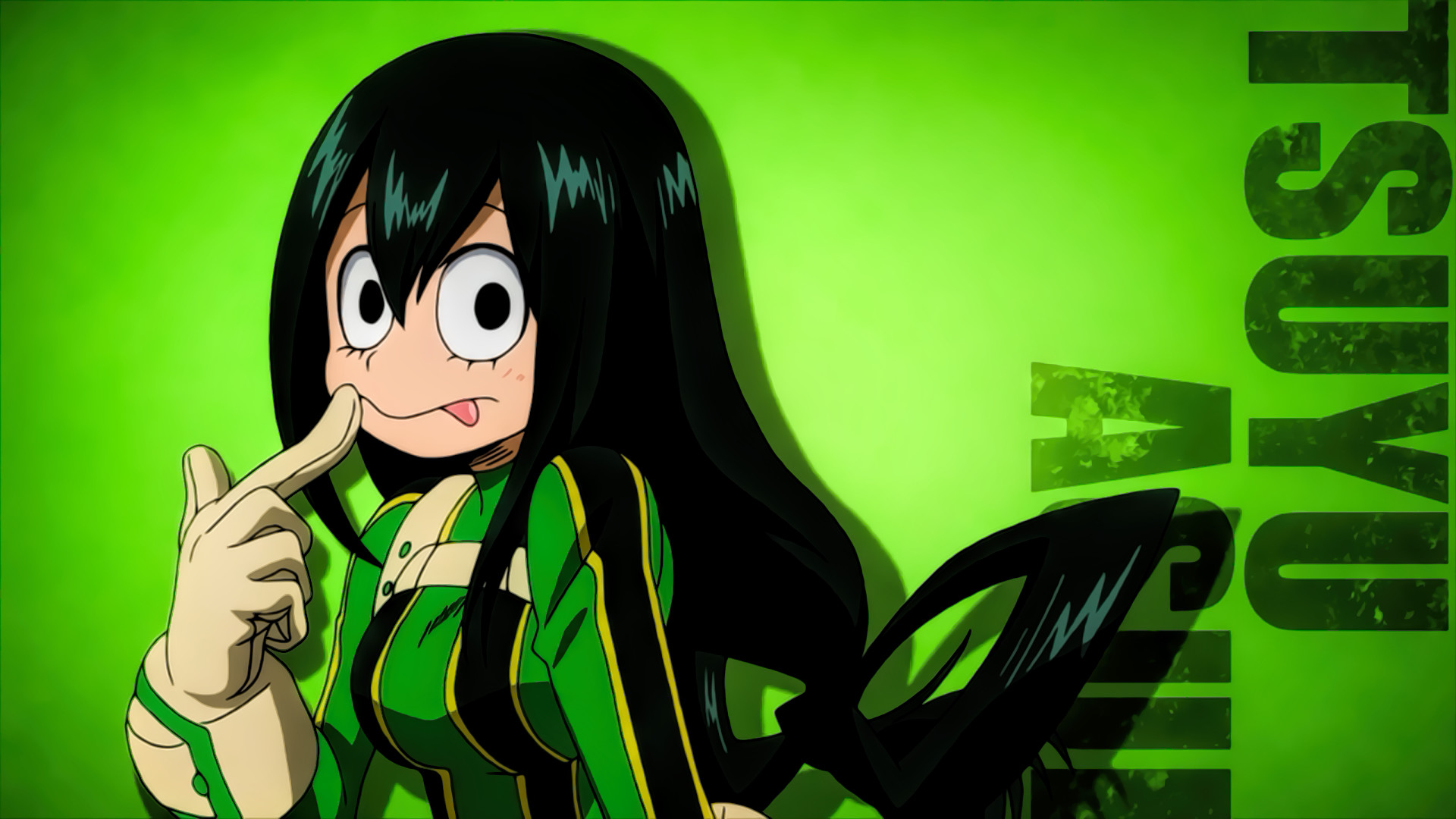 Tsuyu Asui, My Hero Academia, Sfondo verde, Tipografia, Lingua, 16:9 Full HD, wallpaper widescreen