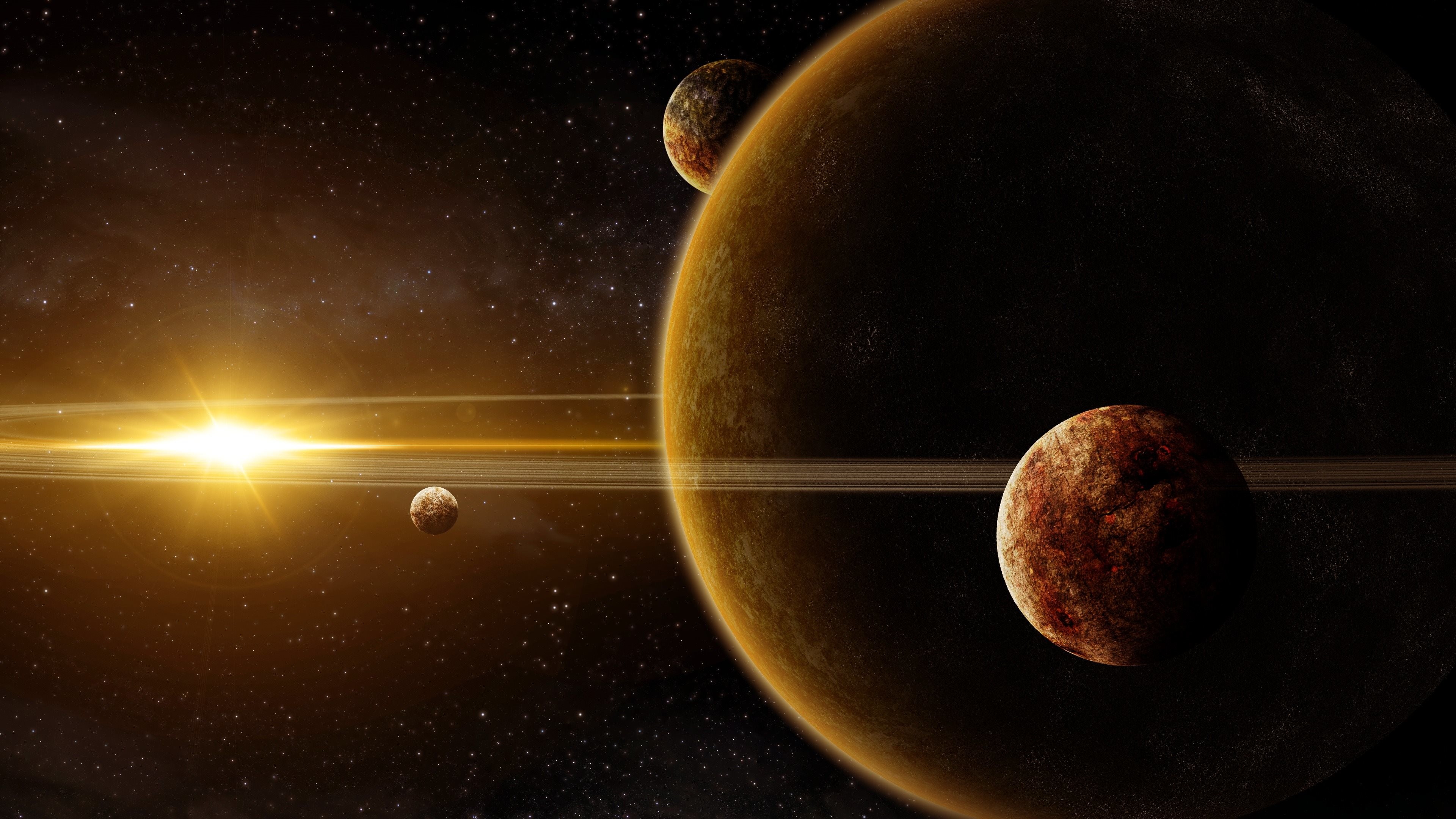 Pianeti, Pianeta con anelli, Sole, Spazio, Oro, 4K, sfondo per portatile