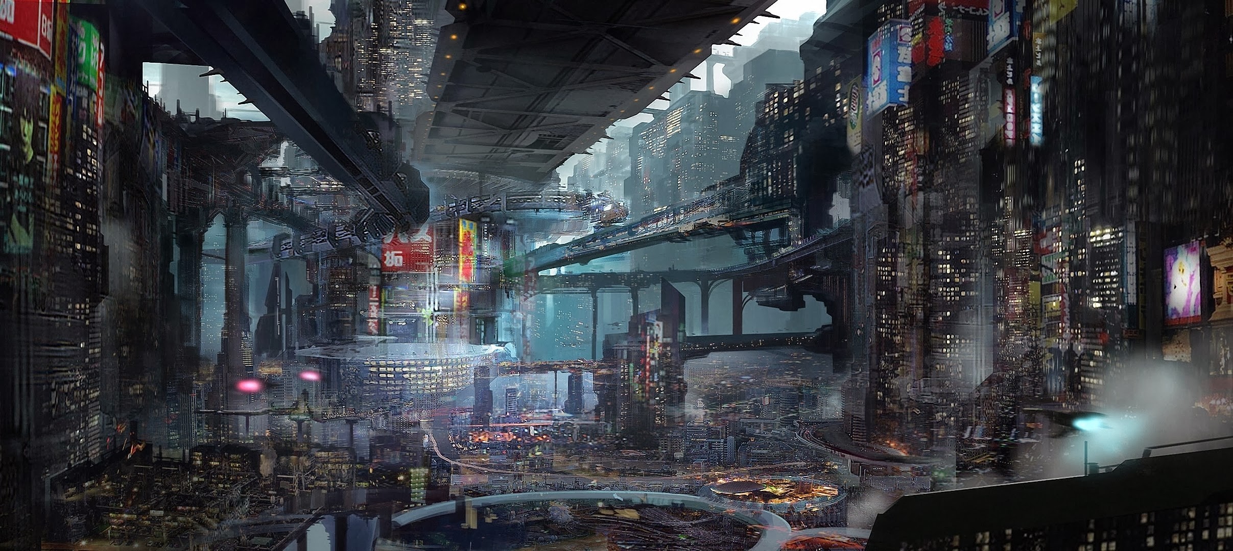 Città futuristica, Cyberpunk, Ponti, Arte concettuale, Full HD, sfondo desktop