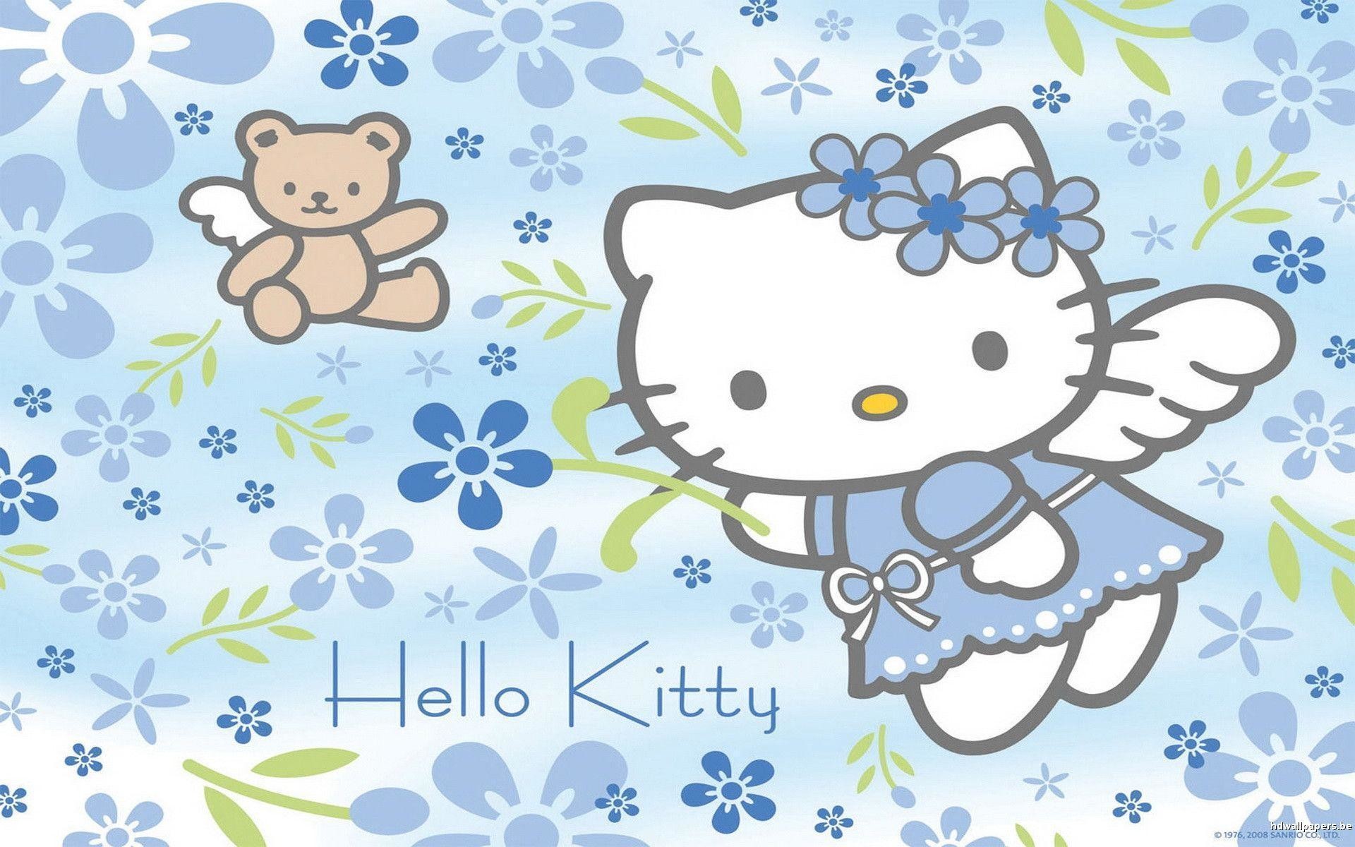 Hello Kitty, Angelo, Orsacchiotto, Fiori blu, Azzurro, 16:10 Full HD, sfondo widescreen