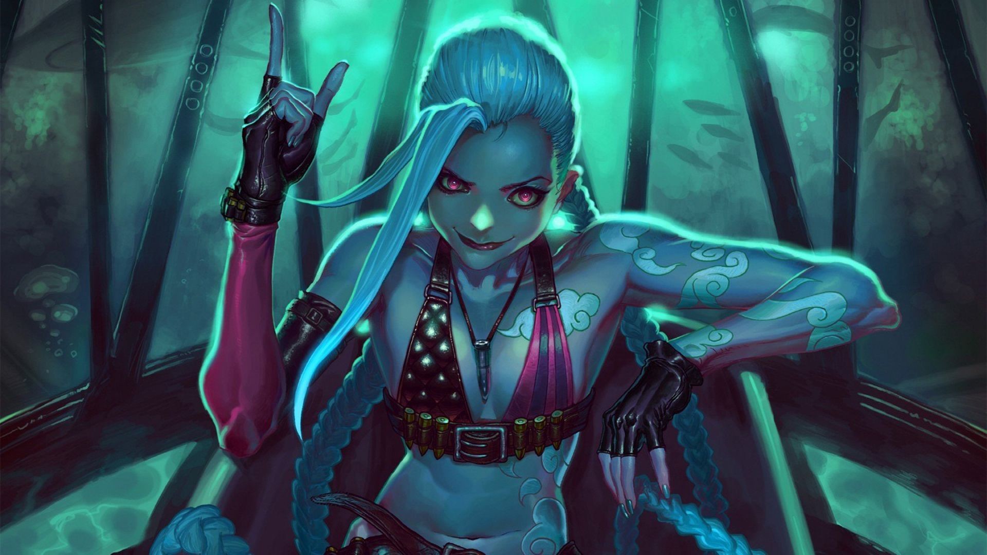 Jinx, League of Legends, Trecce blu, Tatuaggi, 1920x1080, sfondo per PC