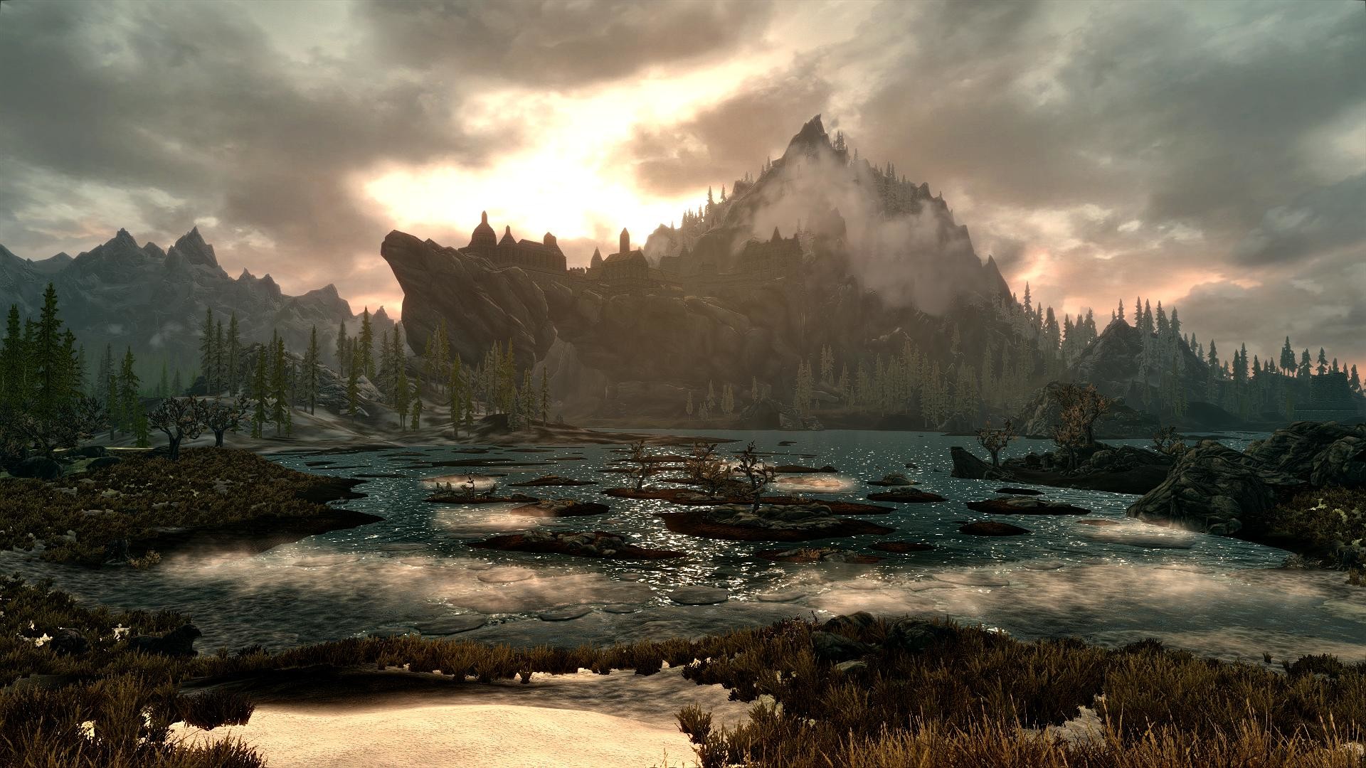 The Elder Scrolls V: Skyrim, Palude, Montagne, Tramonto, 16:9 Full HD, sfondo widescreen