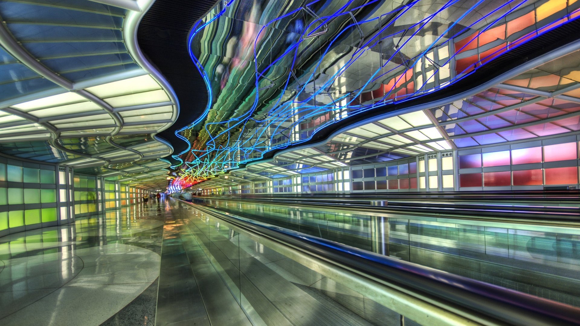 Aeroporto O'Hare, Chicago, Tunnel, Luci al neon, Tapis roulant, 1920x1080, sfondo per PC