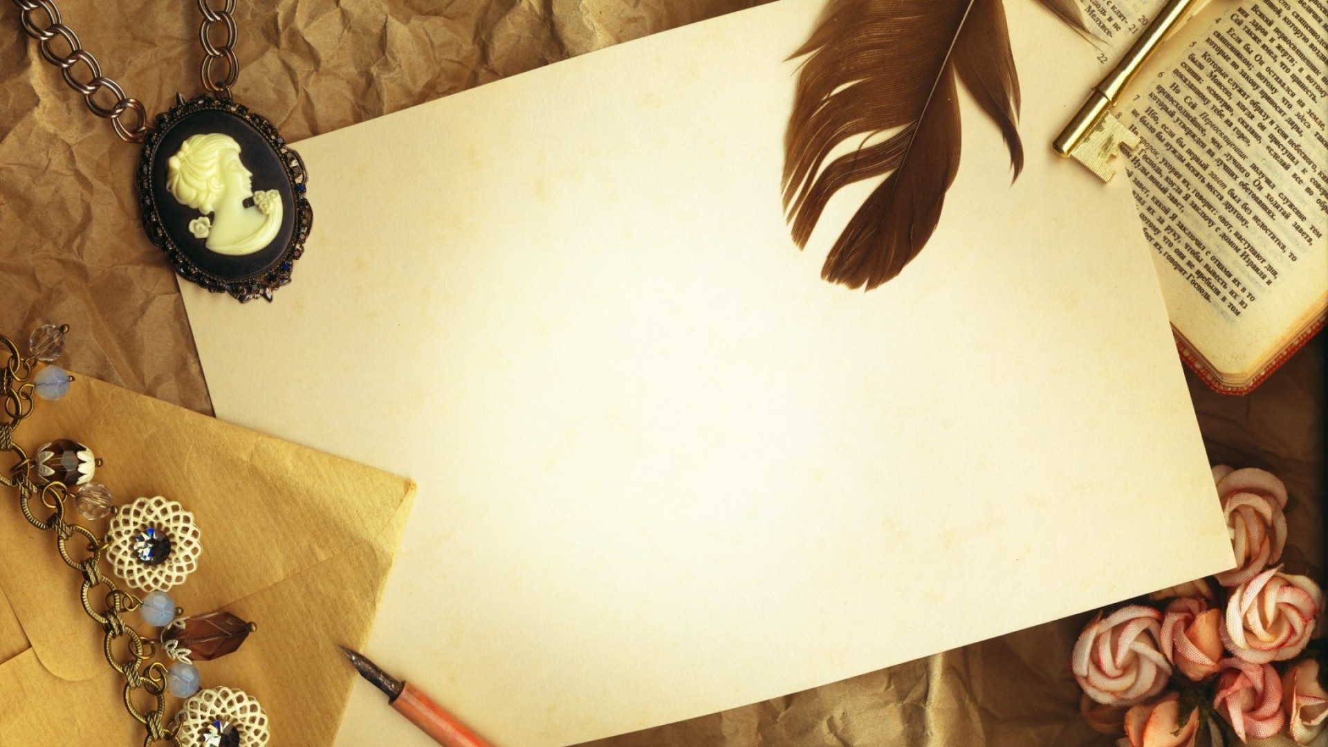 Carta vintage, Penna d'oca, Cammeo, Scrittura, 16:9 Full HD, sfondo widescreen