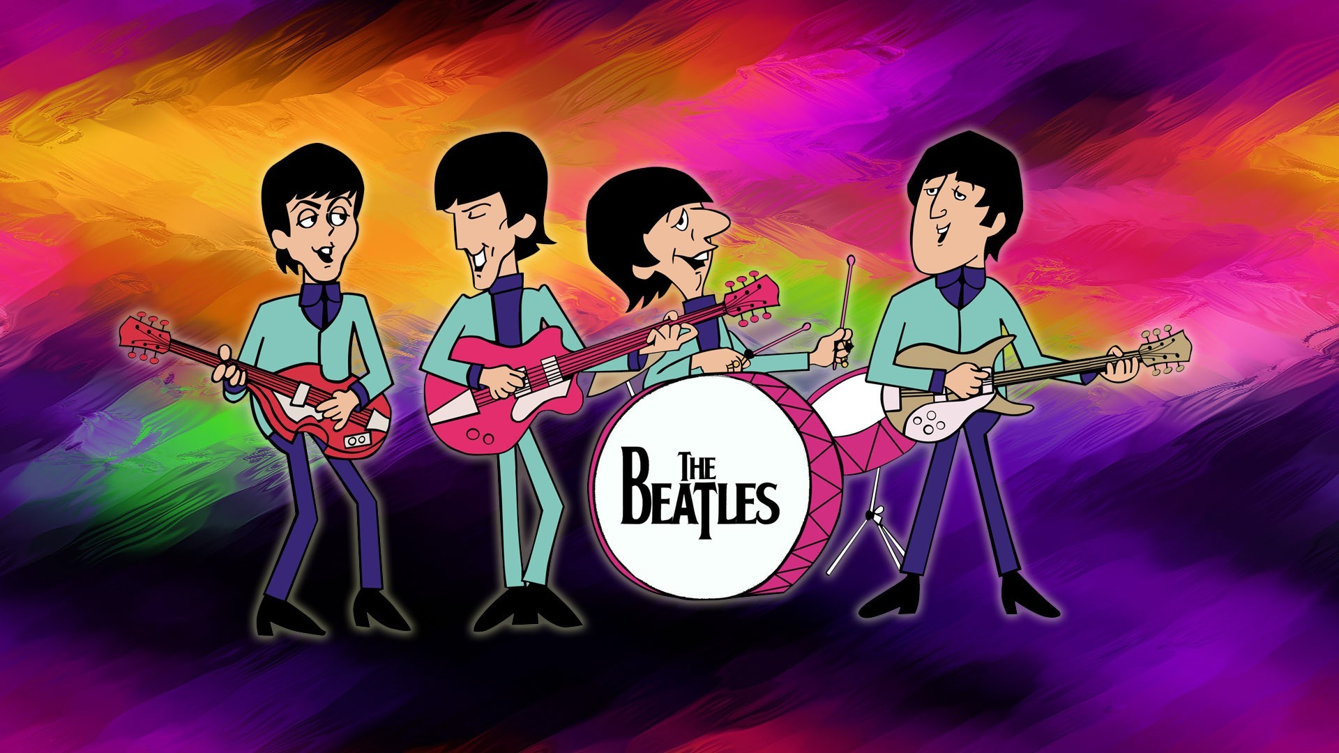 The Beatles, Cartone animato, Strumenti musicali, Sfondo multicolore, wallpaper desktop Full HD