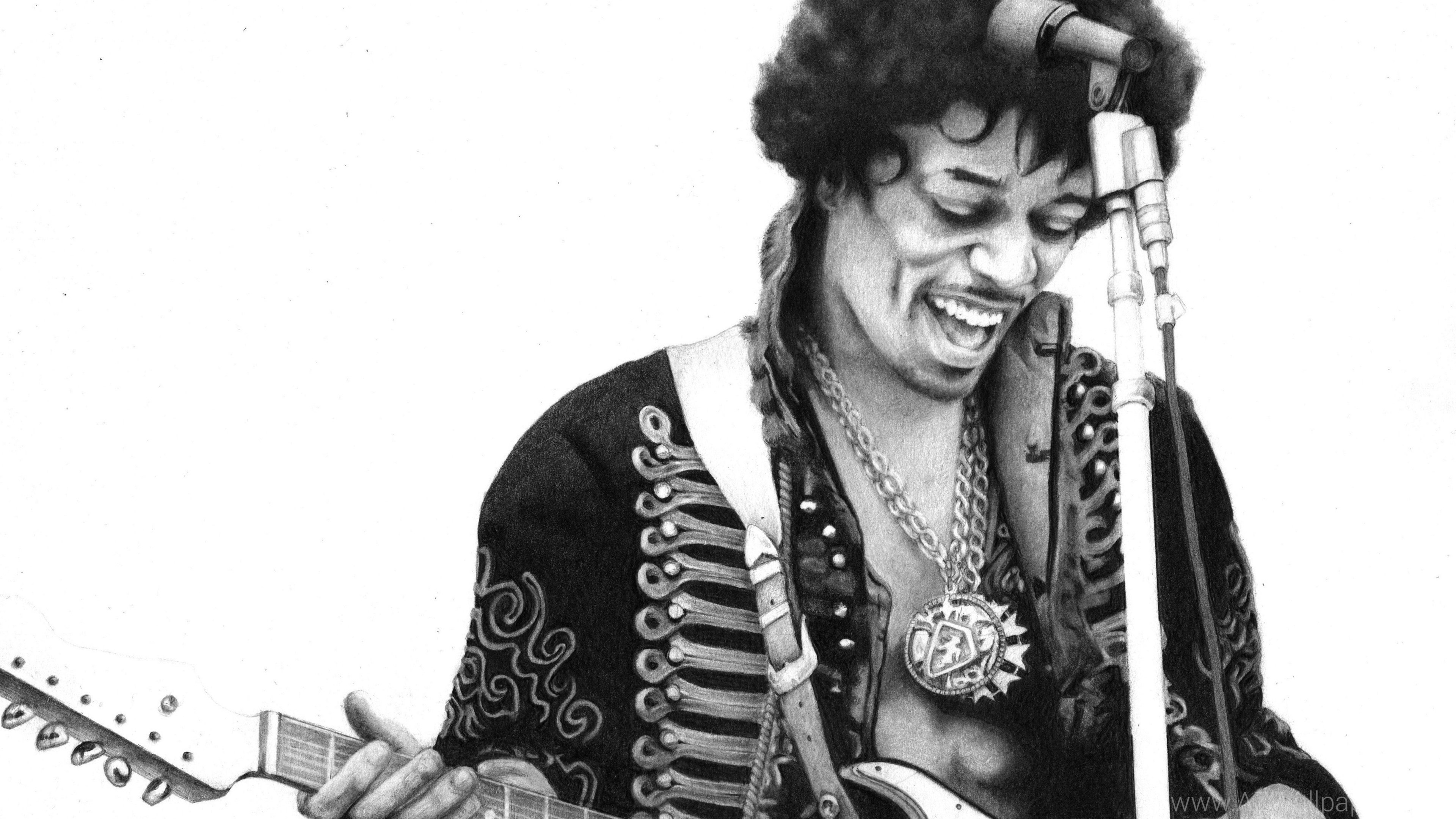 Jimi Hendrix, Chitarra, Disegno a matita, Bianco e nero, 4K, sfondo per PC