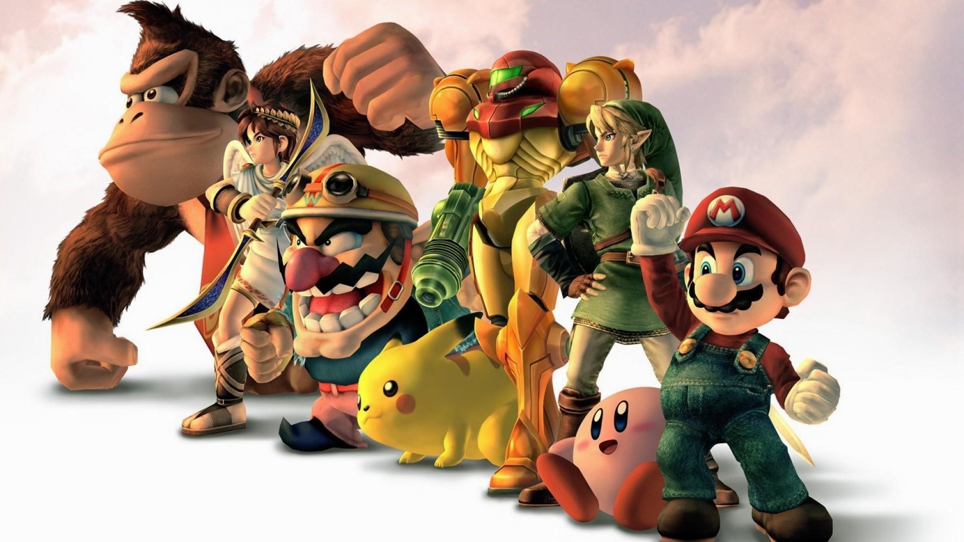 Super Smash Bros., Mario, Donkey Kong, Link, Samus Aran, Pikachu, Kirby, Wario, sfondo 1080p
