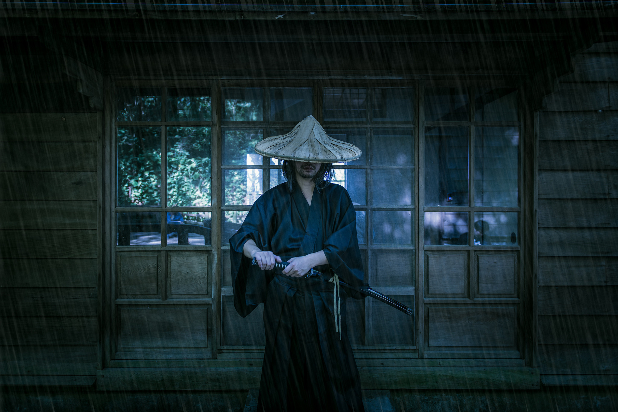 Ronin, Cappello di paglia, Pioggia, Katana, Full HD, sfondo Windows 11