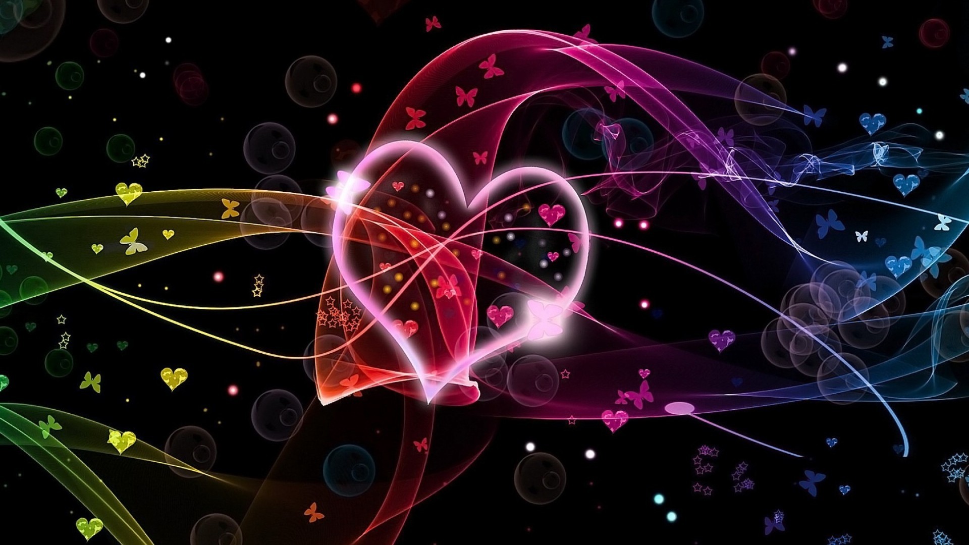 Cuore, Farfalle, Neon, Sfondo nero, Full HD, wallpaper per PC