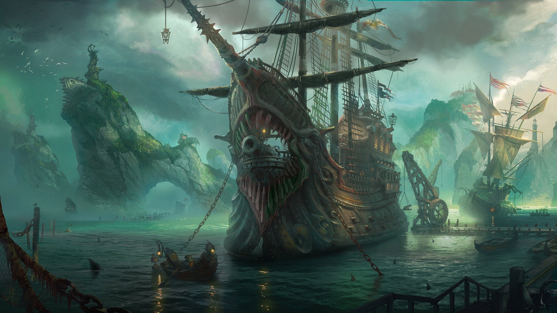 Nave pirata, Fantasy, Porto, Arte digitale, Full HD, sfondo per PC