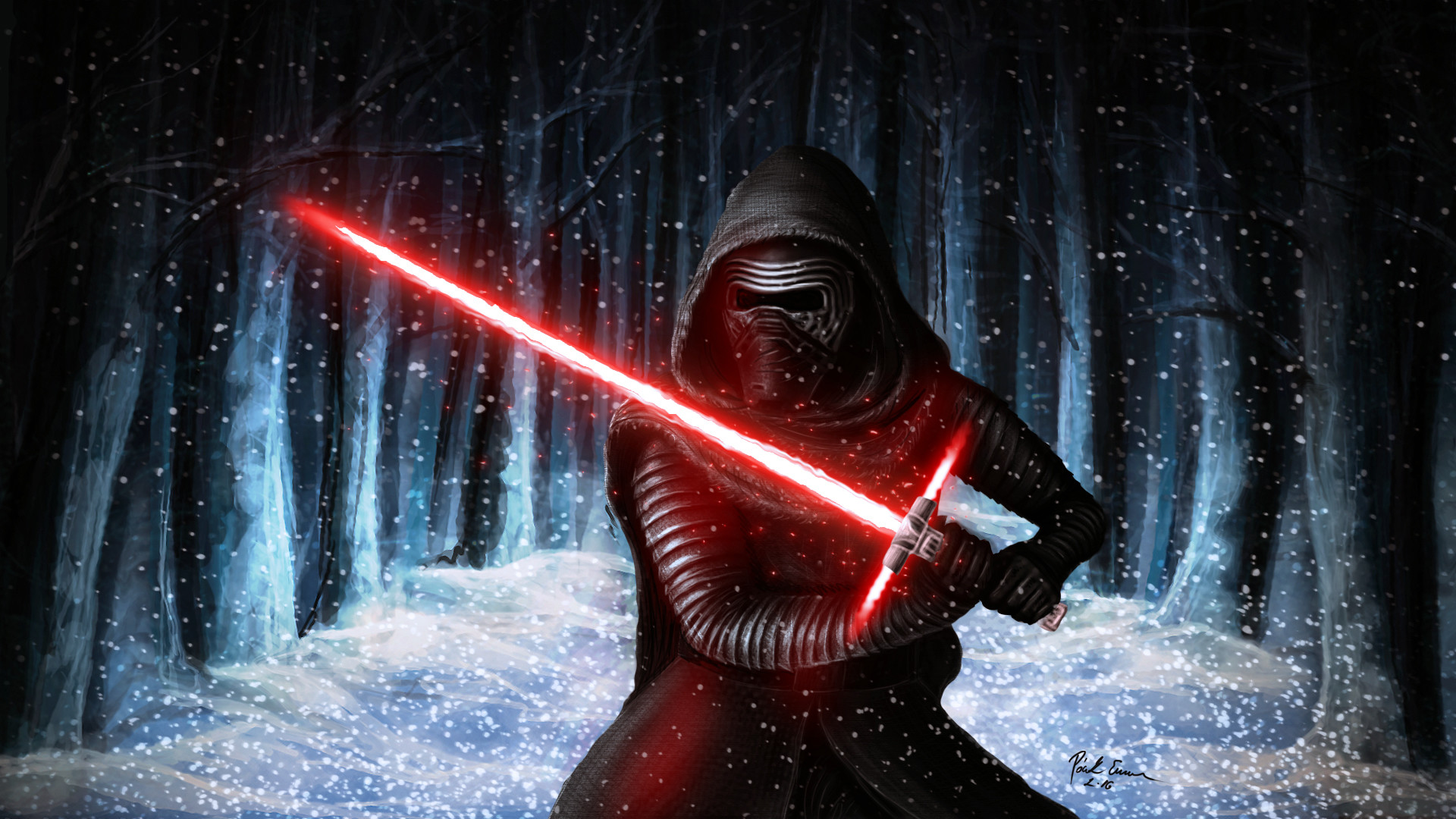 Kylo Ren, Star Wars, Spada laser, Foresta innevata, Illustrazione, sfondo 16:9 Full HD
