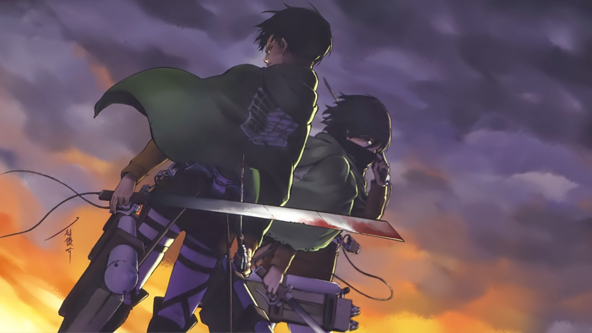 Levi Ackerman, Eren Jaeger, L'attacco dei giganti, Tramonto, 1920x1080, wallpaper desktop