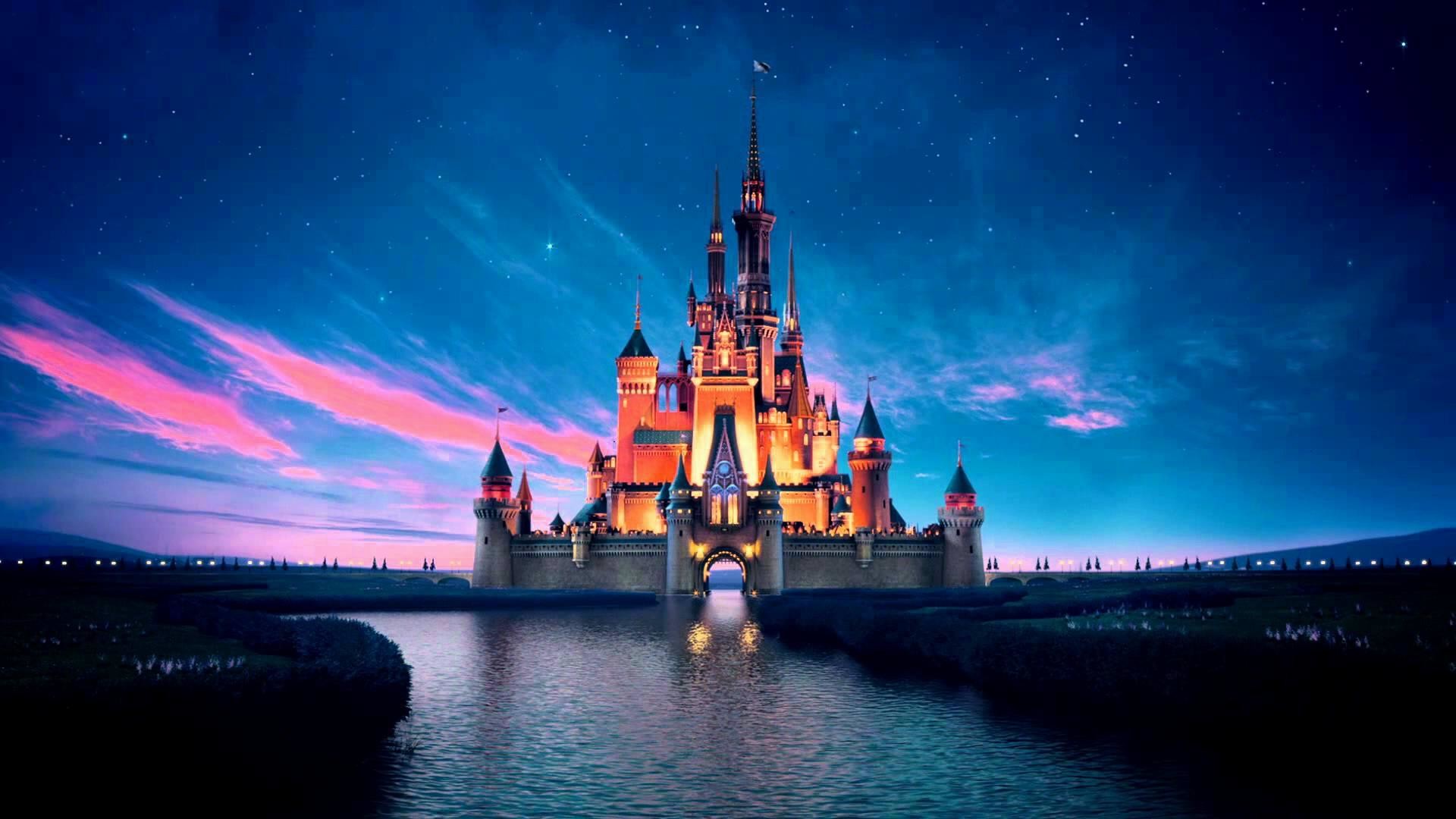 Castello Disney, Disney, Notte, Cielo rosa, 16:9 Full HD, wallpaper widescreen