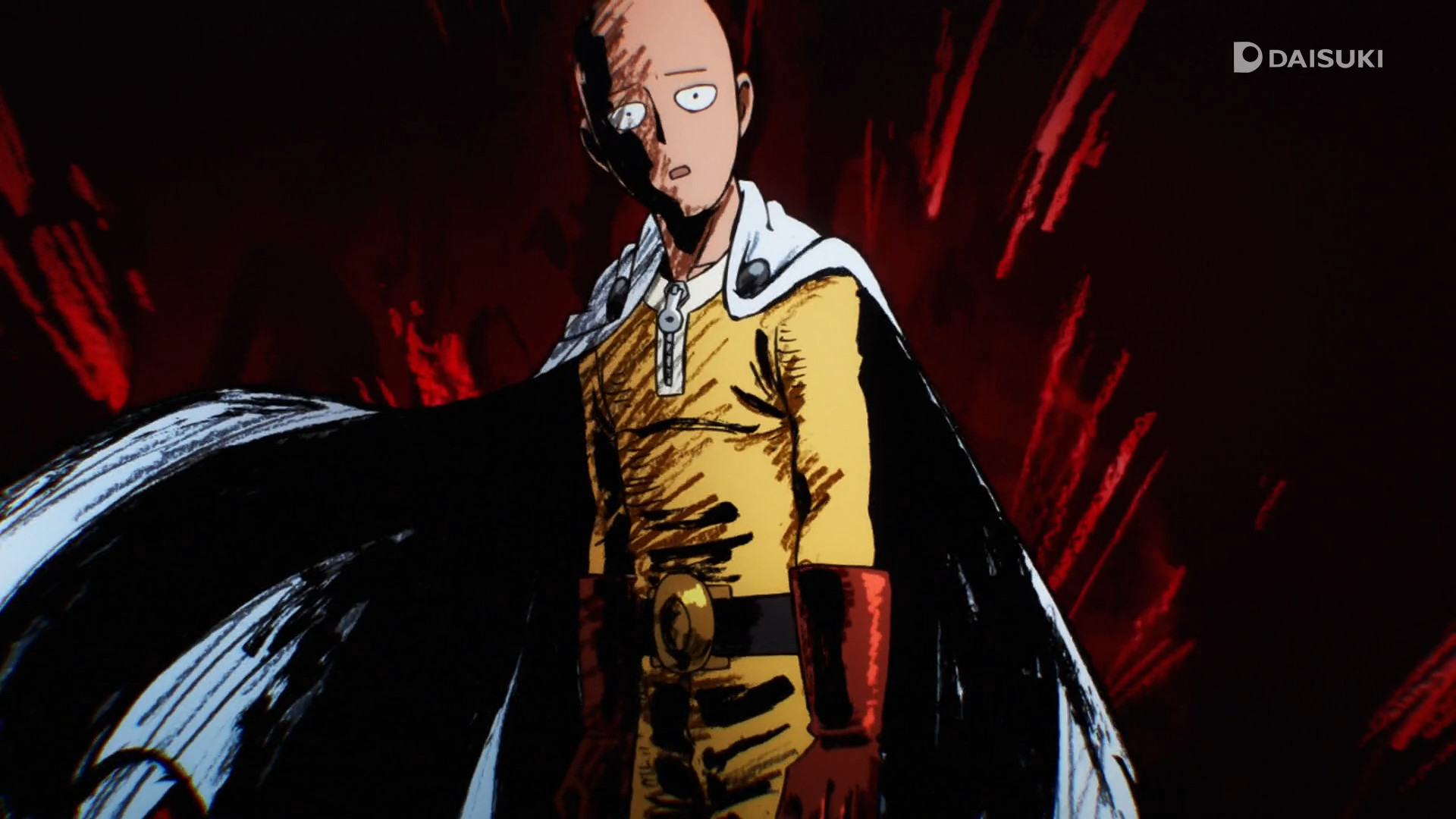 Saitama, One Punch Man, Mantello, Sfondo rosso scuro, Full HD, wallpaper desktop