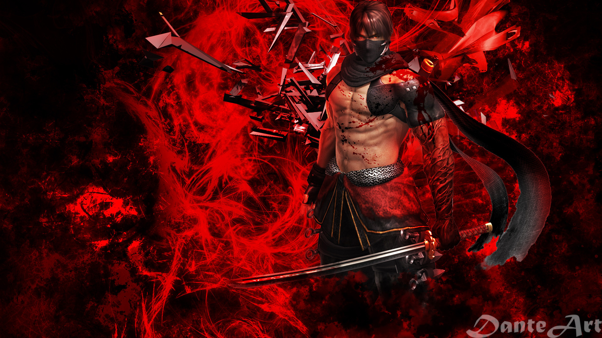 Ninja, Spade, Arte digitale, Rosso, Full HD, sfondo desktop