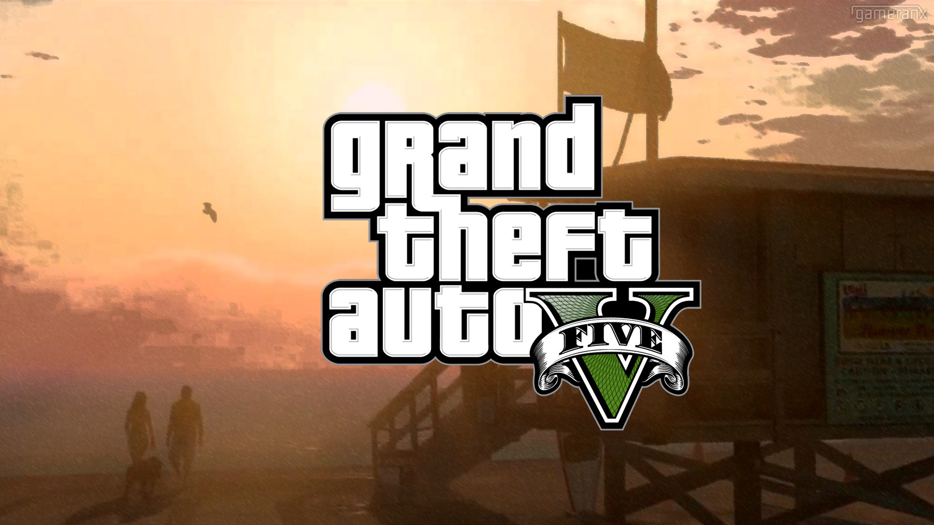 Grand Theft Auto V, Logo GTA V, Tramonto, Torretta bagnino, Full HD, wallpaper per PC