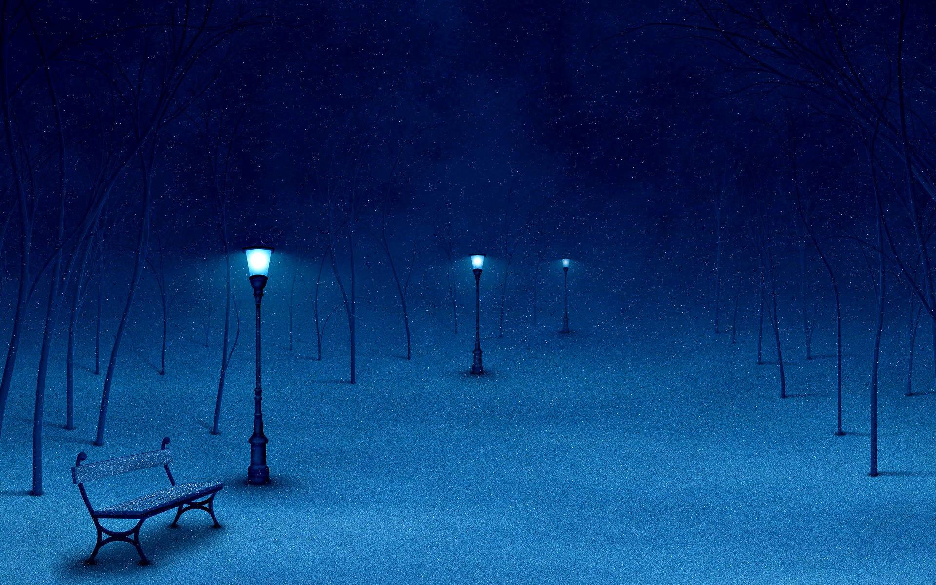 Lampioni, Panchina, Neve, Notte blu, 16:10 Full HD, wallpaper widescreen