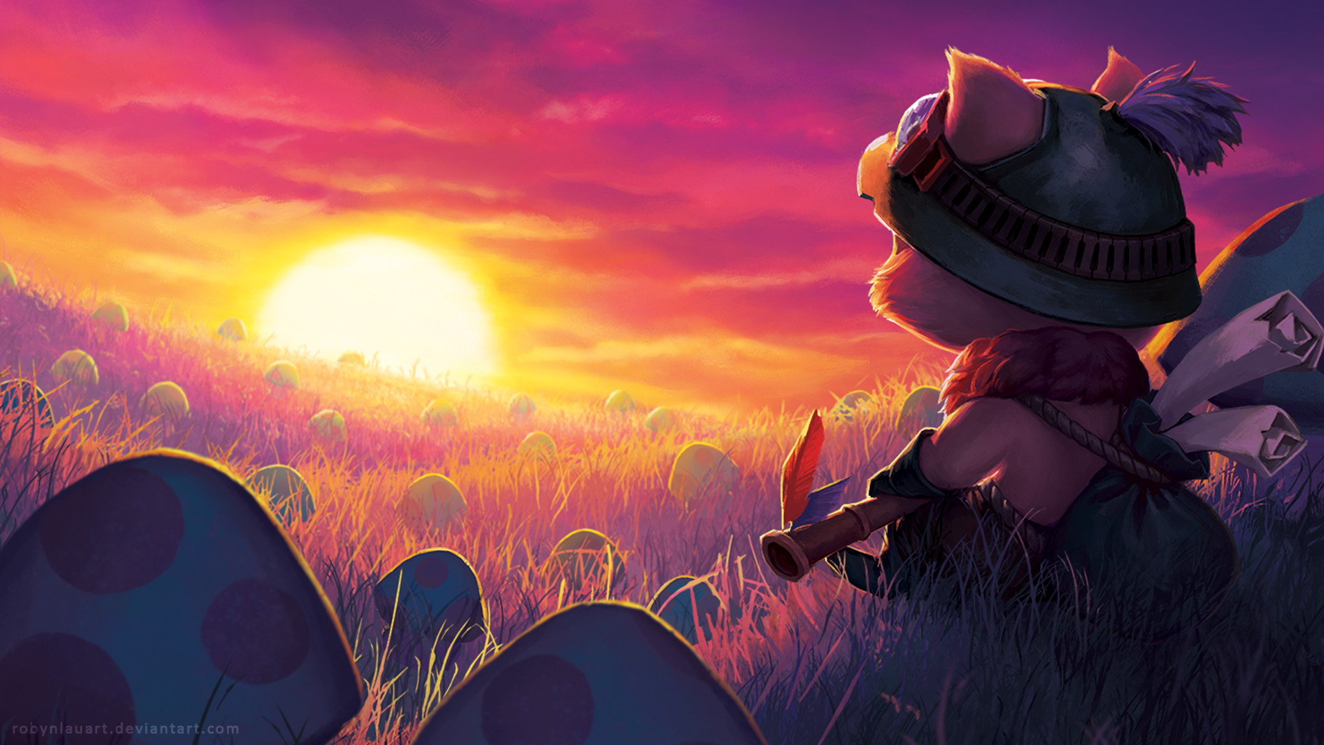 Teemo, League of Legends, Tramonto, Funghi, Fan art, Full HD, wallpaper desktop