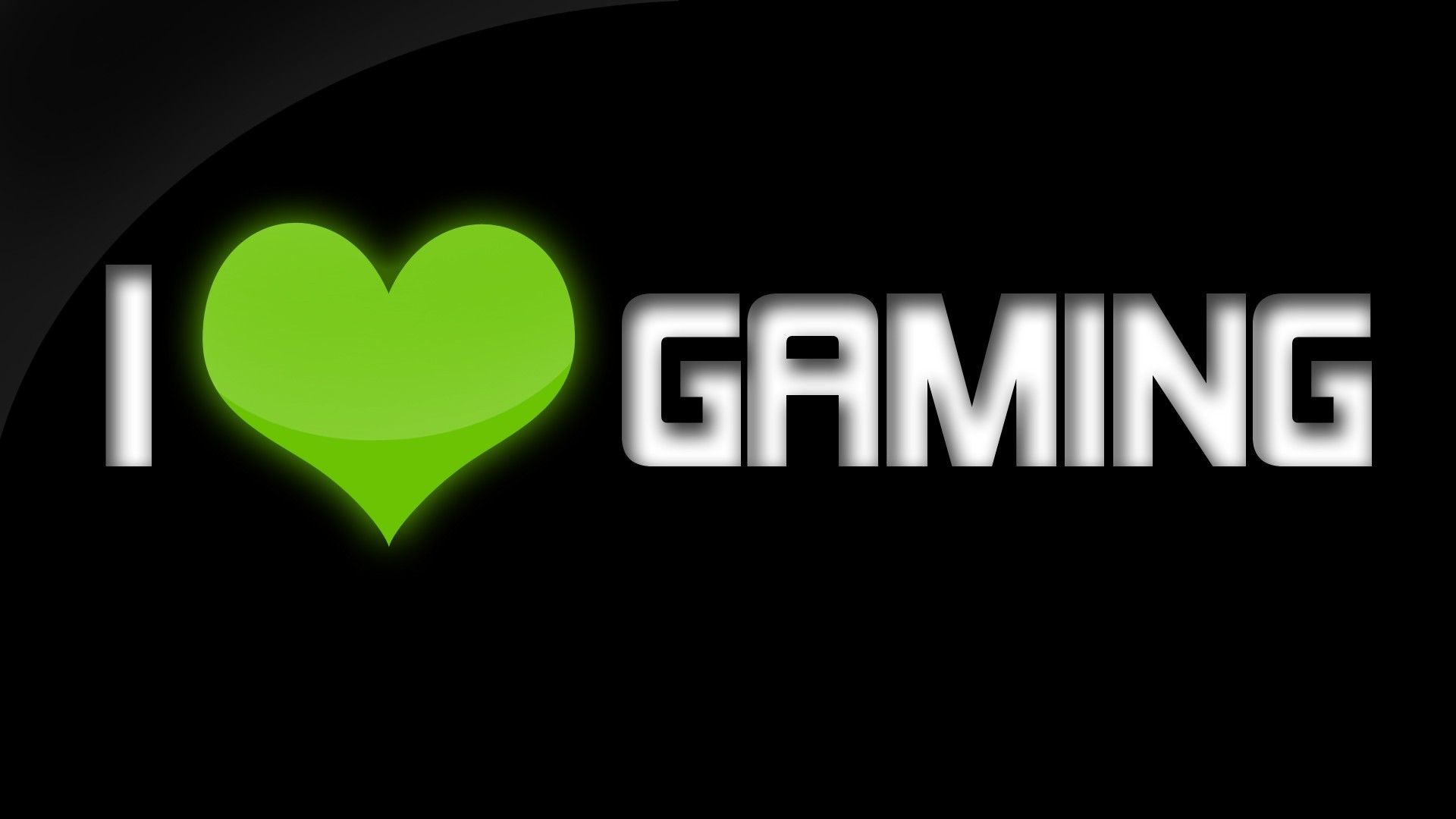 I love gaming, Cuore verde, Scritta, Sfondo nero, 16:9 Full HD, wallpaper widescreen