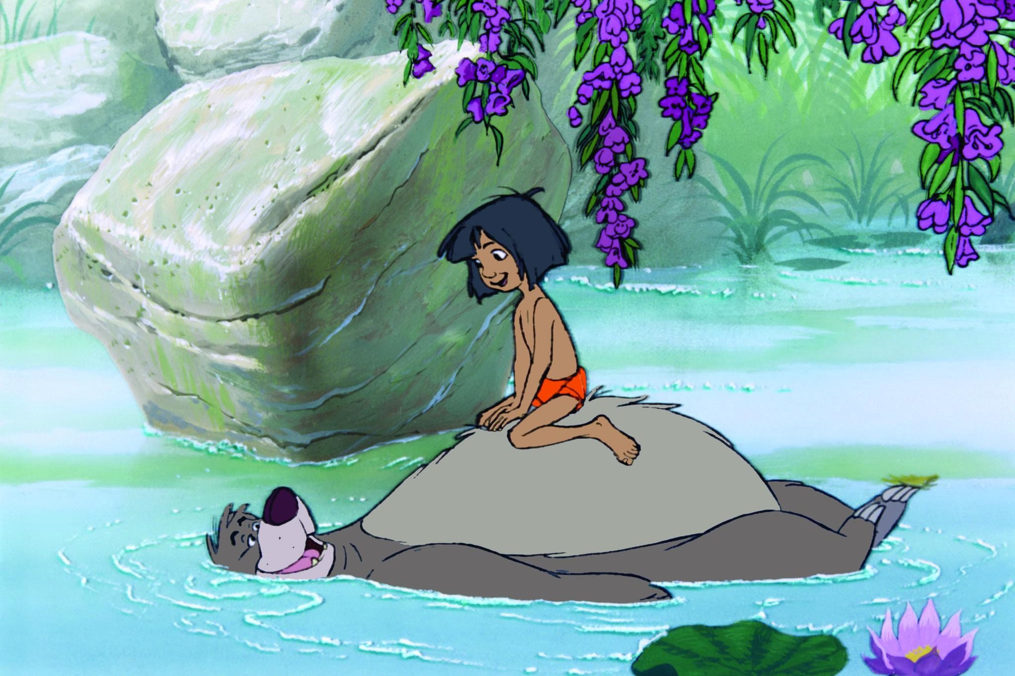 Mowgli, Baloo, Il libro della giungla, Disney, Fiume, Cartone animato, sfondo Full HD per PC