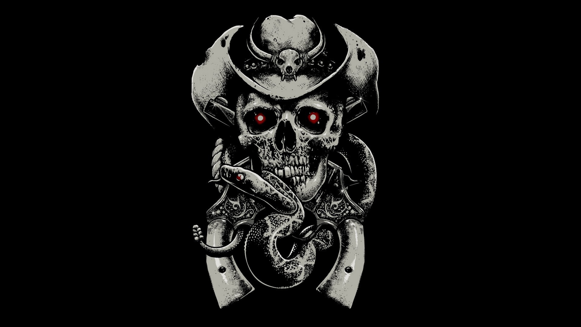 Teschio cowboy, Cappello da cowboy, Pistole, Serpente, Occhi rossi, Sfondo nero, wallpaper desktop