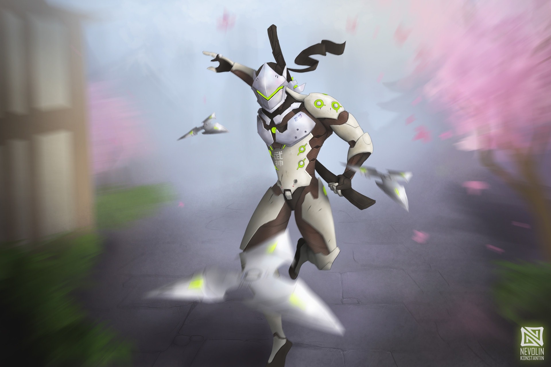 Genji, Overwatch, Shuriken, Fiori di ciliegio, Full HD, wallpaper per portatile