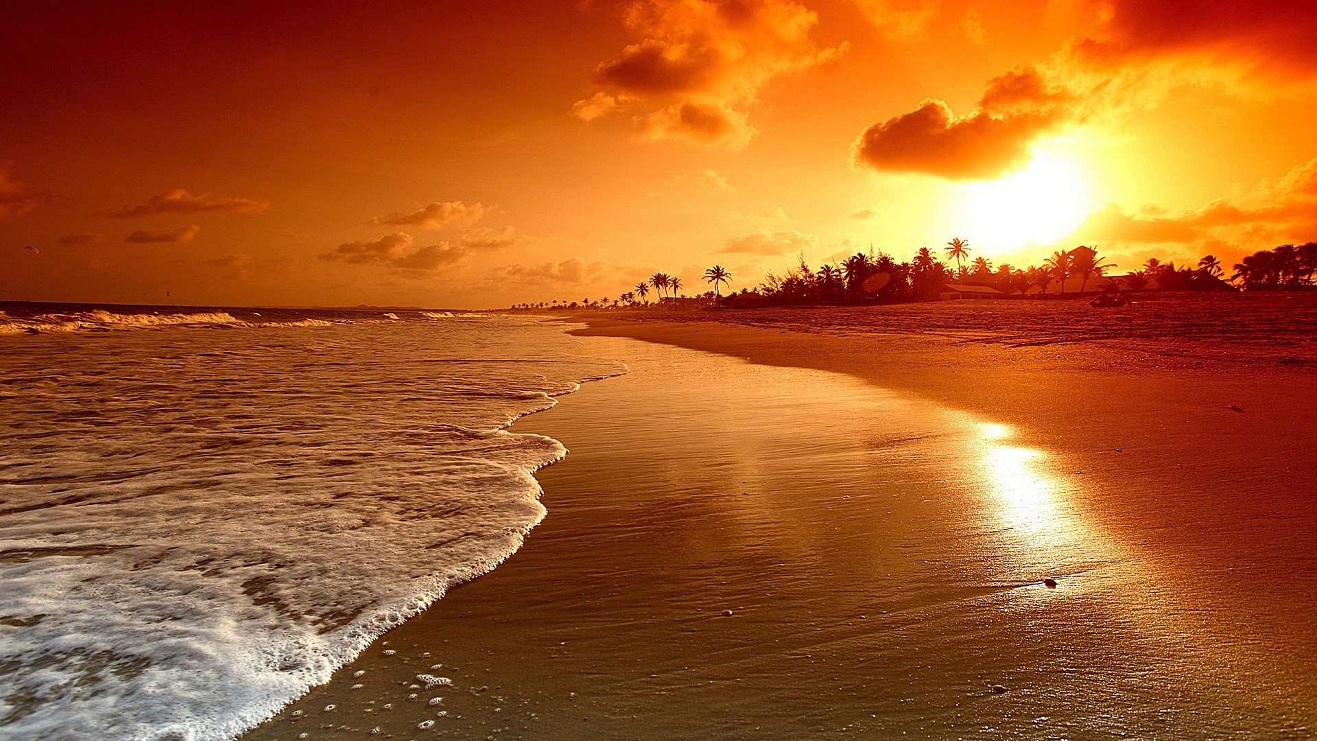 Tramonto, Spiaggia, Onde, Cielo arancione, 1920x1080, immagine di sfondo