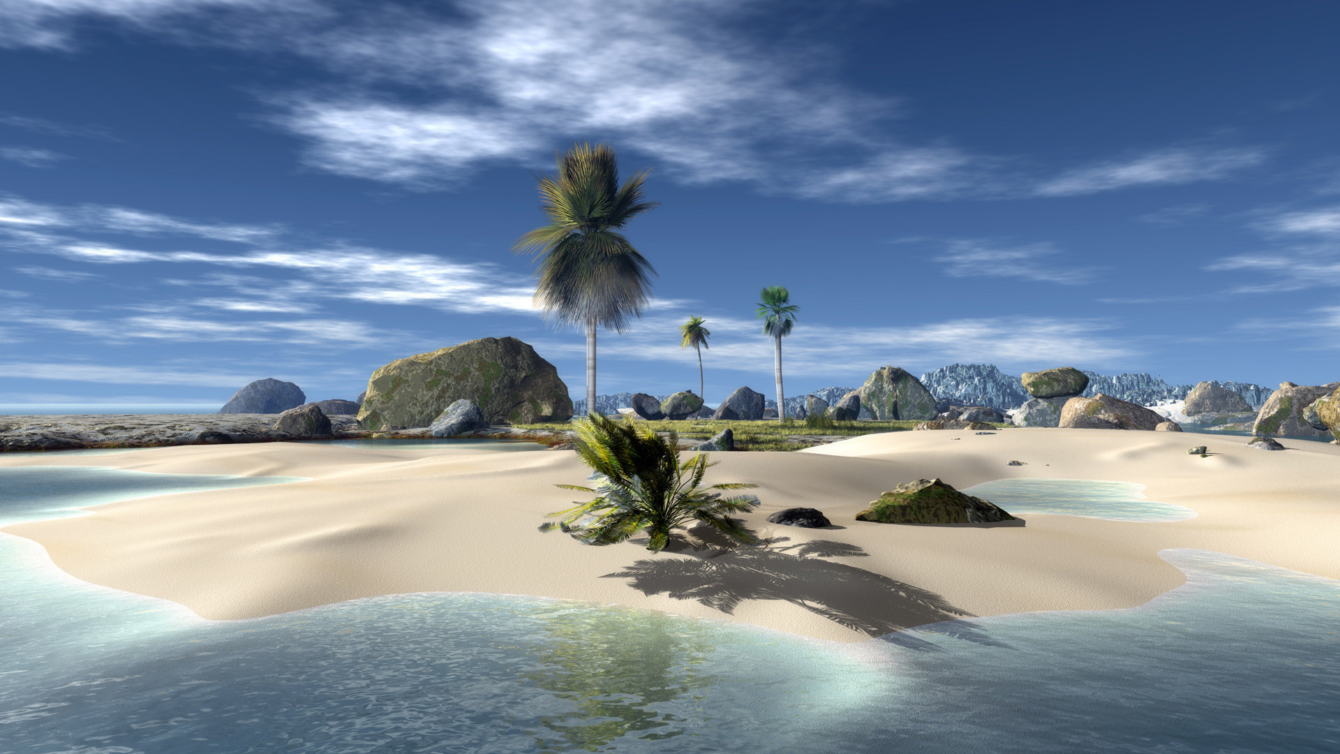 Isola tropicale, Palme, Spiaggia, Rocce, Rendering 3D, Full HD, wallpaper per desktop