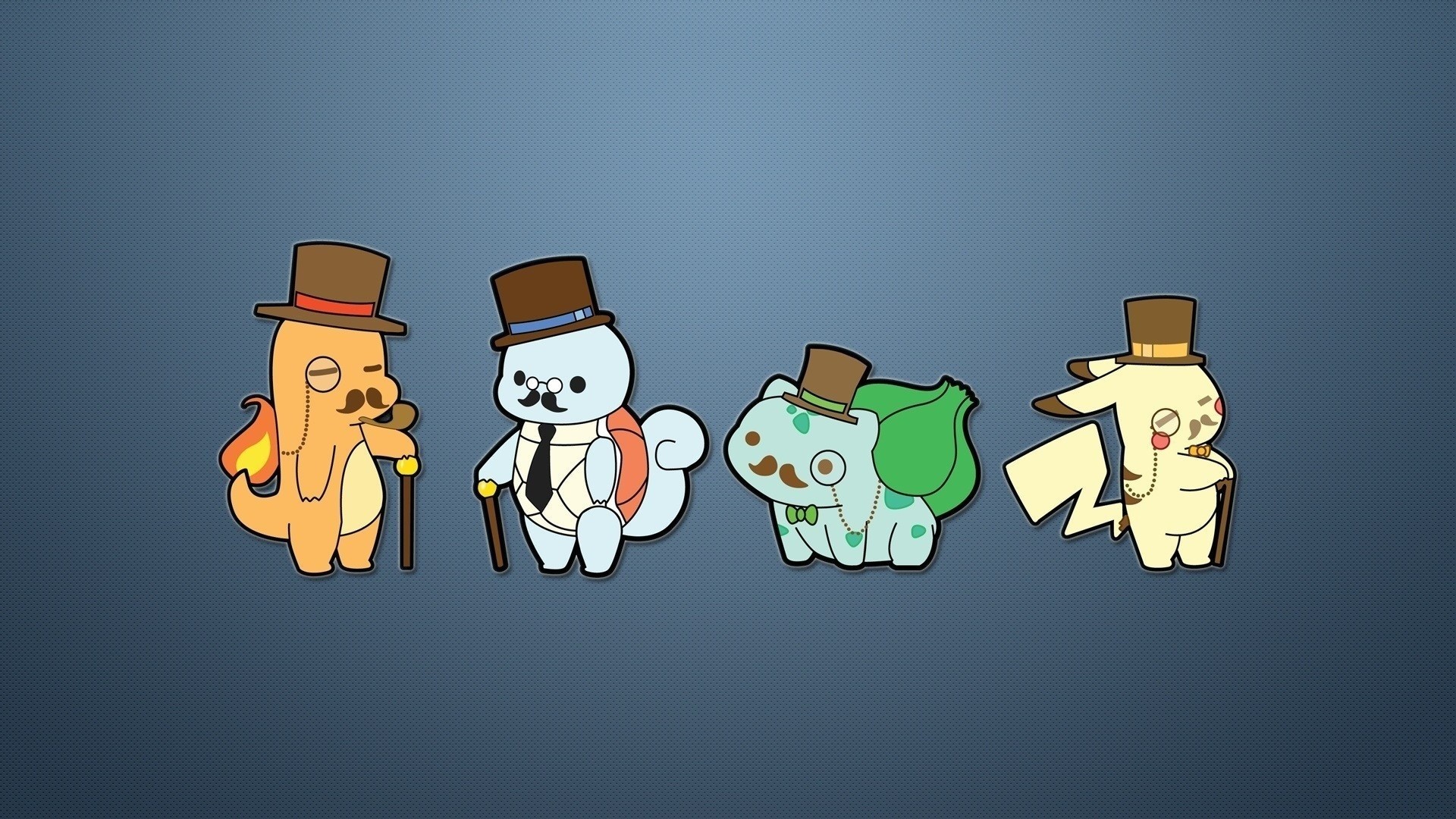 Charmander, Squirtle, Bulbasaur, Pikachu, Pokémon, Cappello a cilindro, sfondo desktop Full HD