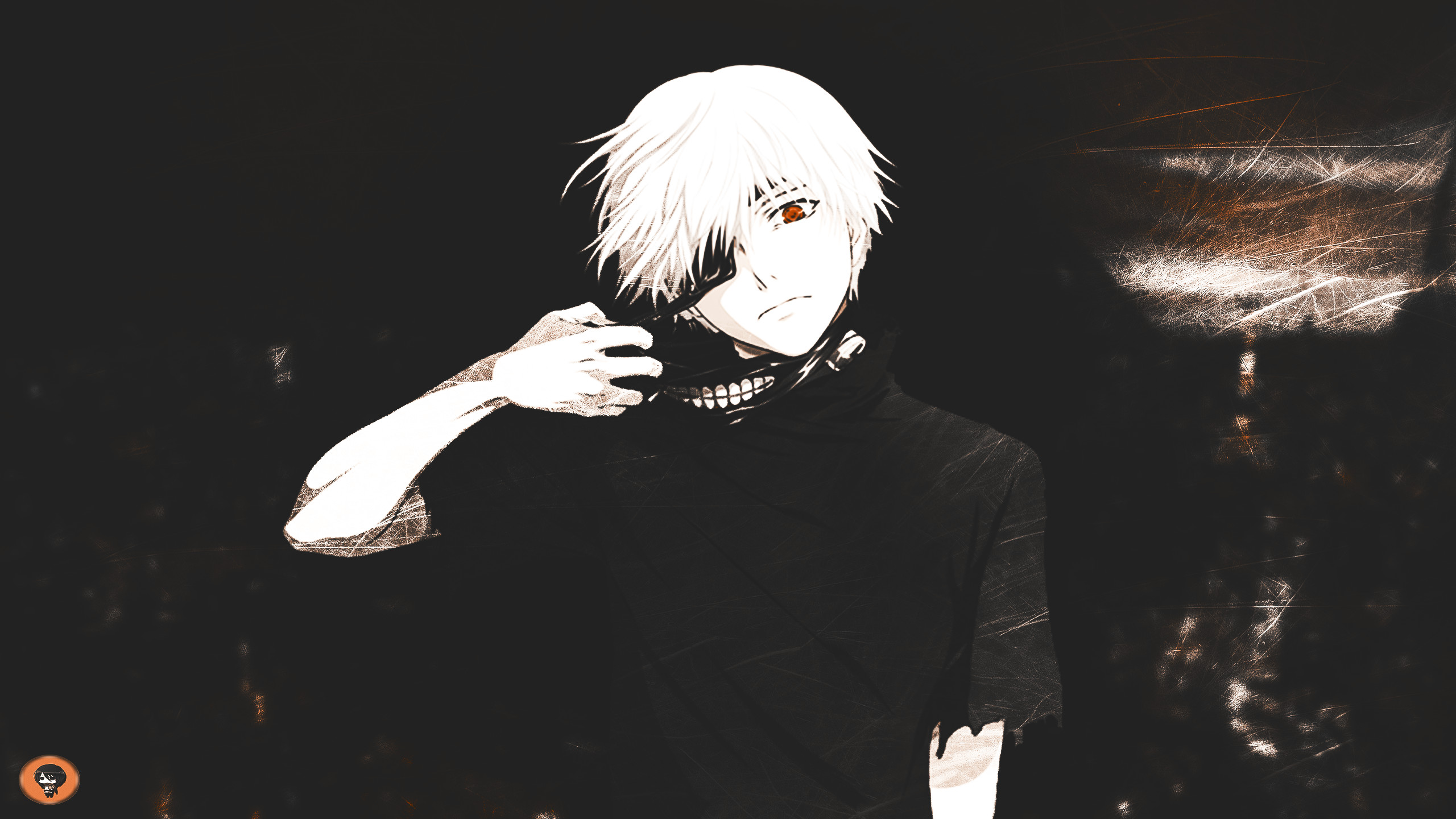 Ken Kaneki, Tokyo Ghoul, Capelli bianchi, Sfondo nero, 2K, wallpaper per computer