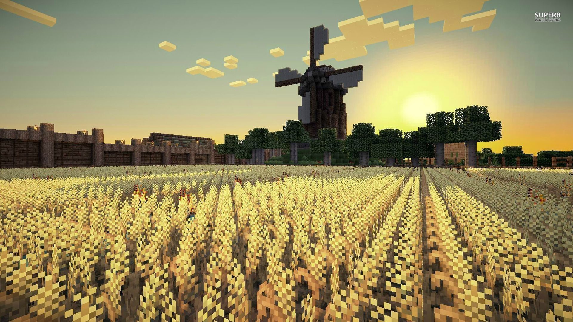 Minecraft, Mulino a vento, Campo di grano, Tramonto, 1920x1080, immagine di sfondo