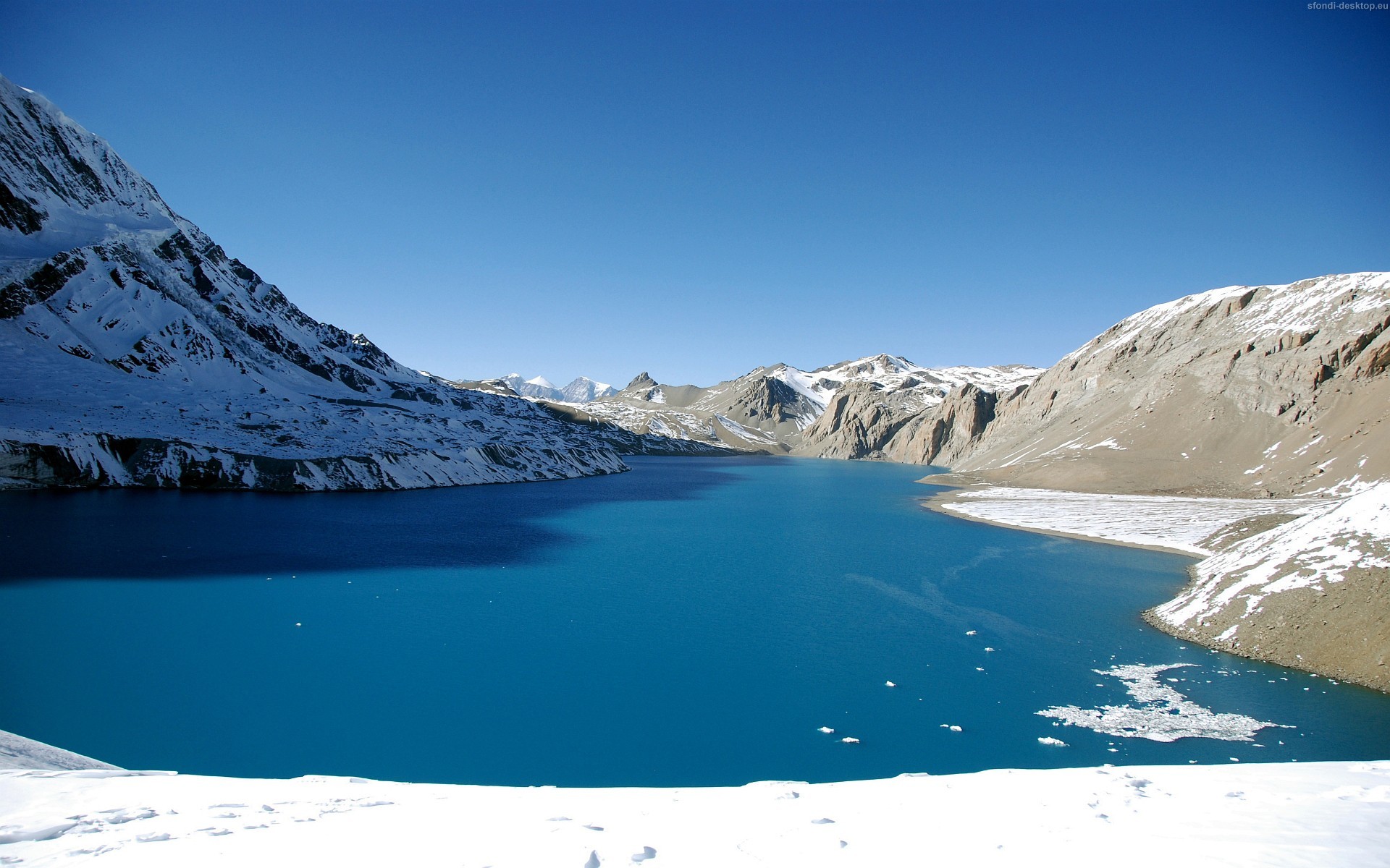 Lago glaciale, Montagne innevate, Cielo blu, Full HD, sfondo per il tuo computer