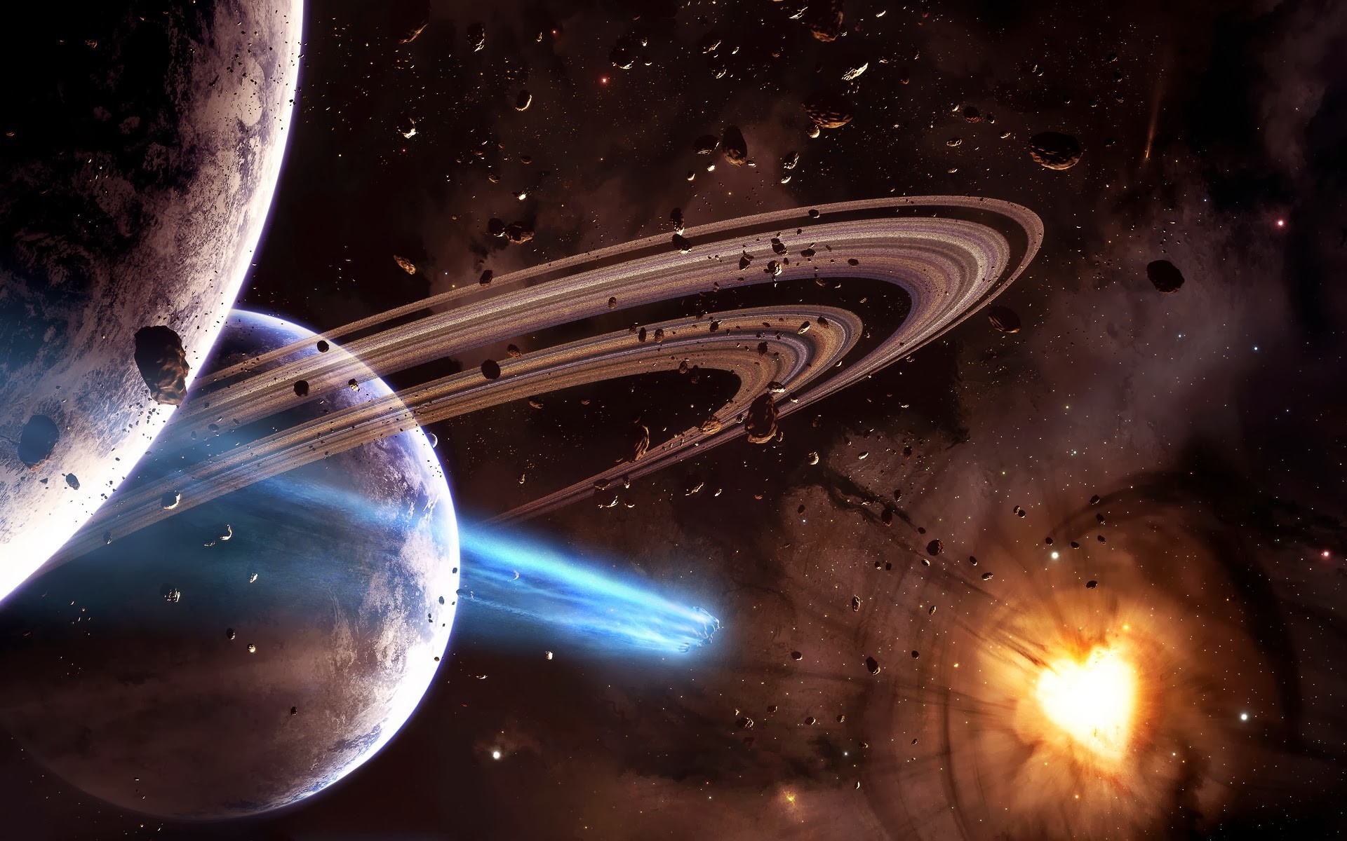 Pianeti, Anelli planetari, Spazio, Cometa, Arte fantascientifica, sfondo widescreen Full HD