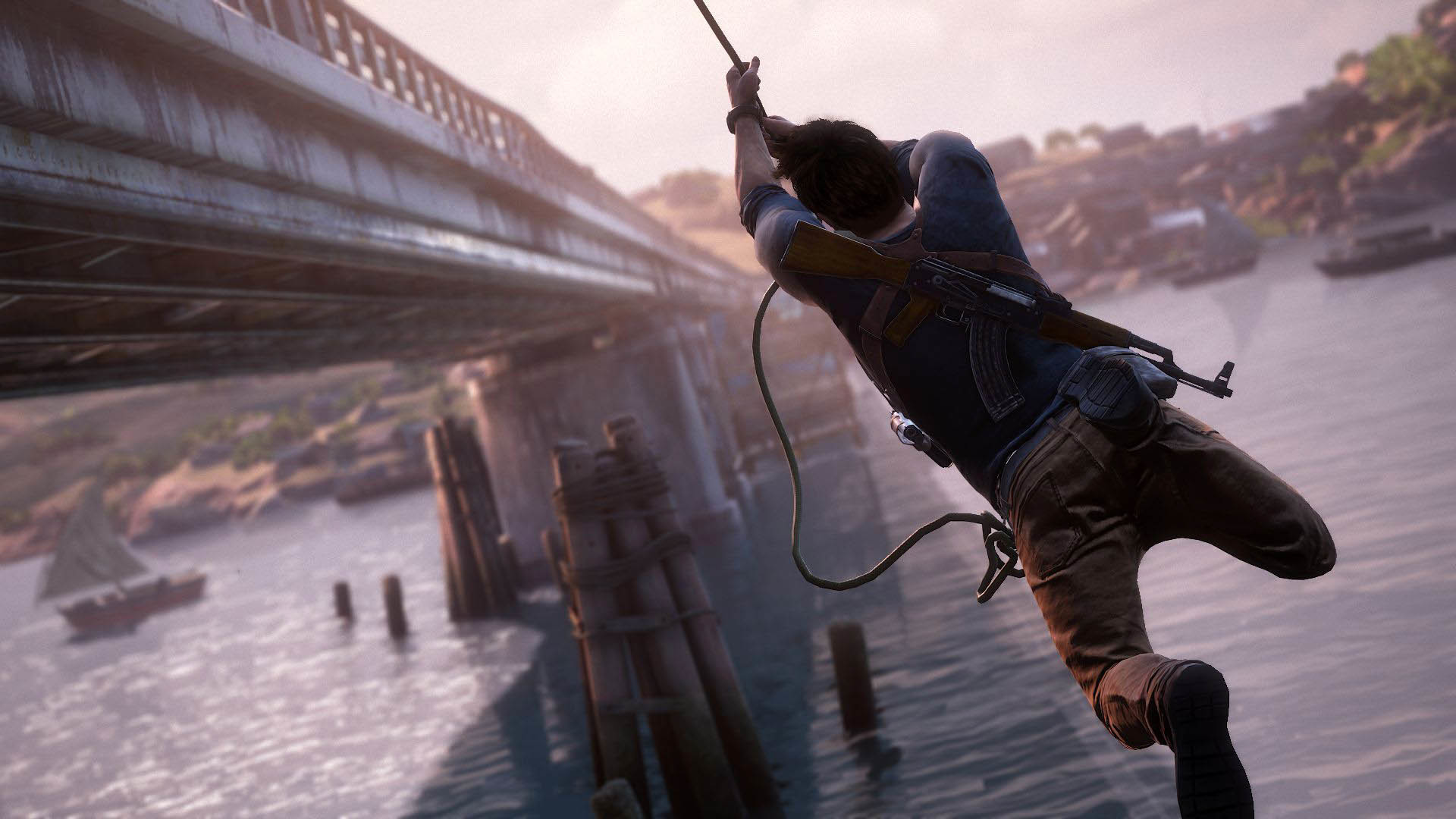 Nathan Drake, Uncharted 4, Corda, Ponte, Fiume, 1920x1080, immagine di sfondo