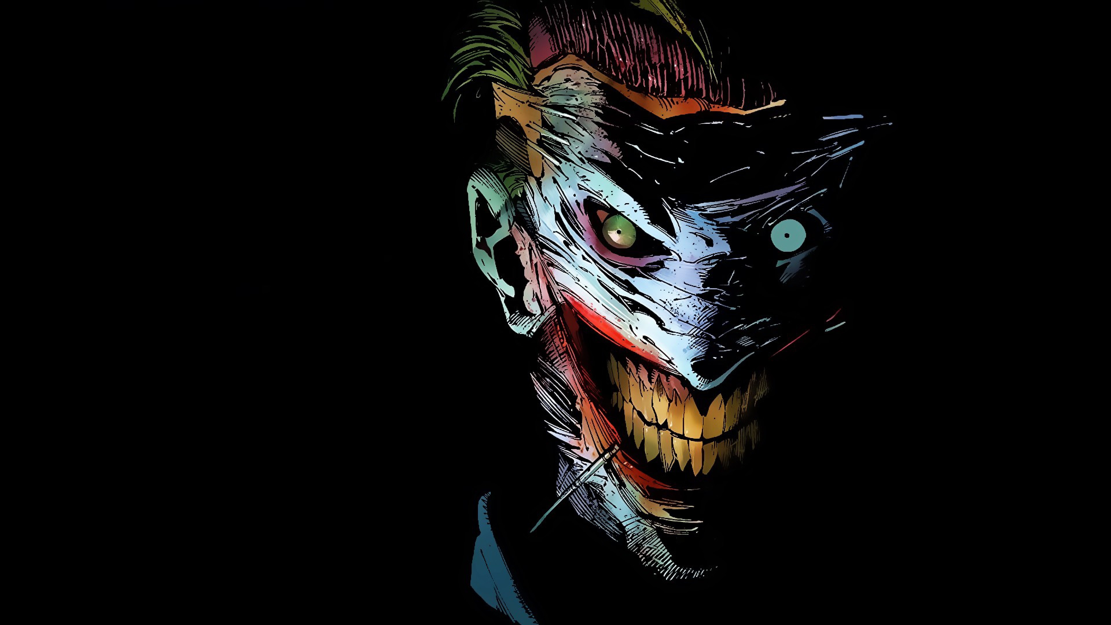 Joker, DC Comics, Volto scomposto, Sfondo nero, 16:9 4K, wallpaper widescreen