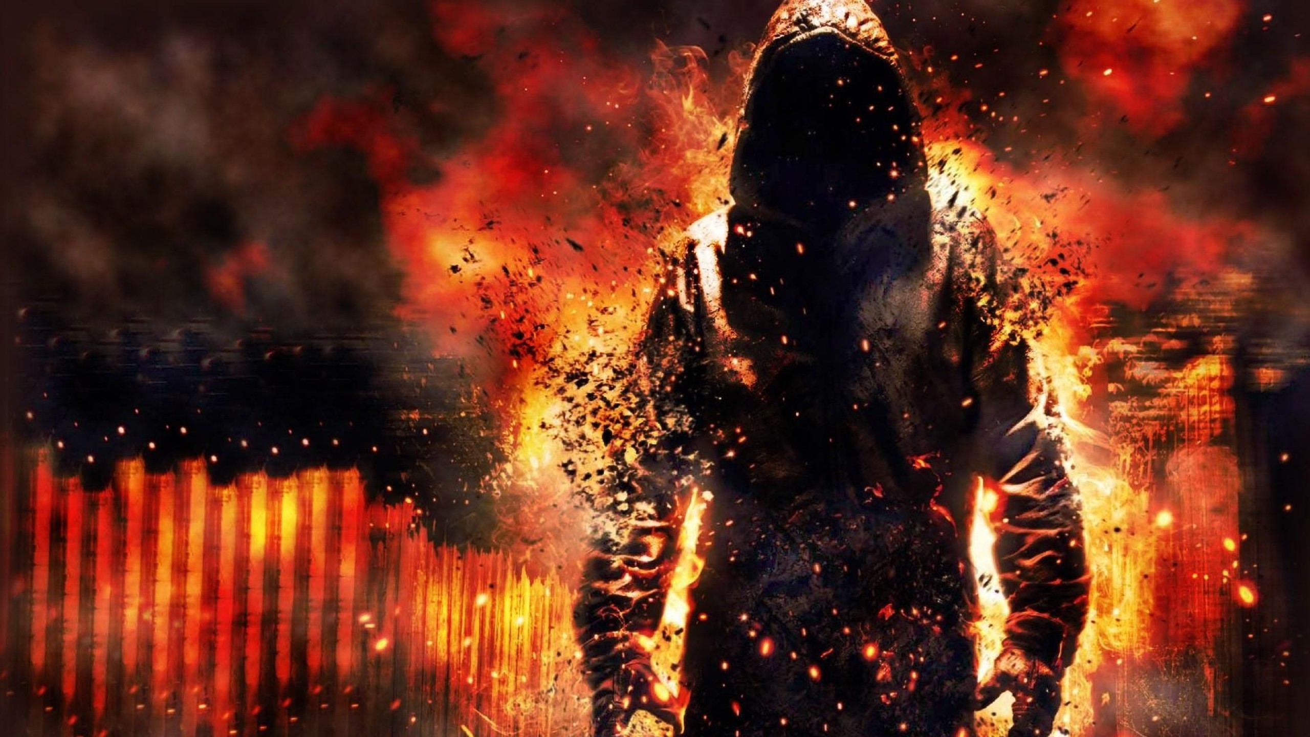 Figura incappucciata, Scintille, Fuoco, Disintegrazione, Arte digitale, sfondo desktop 2K