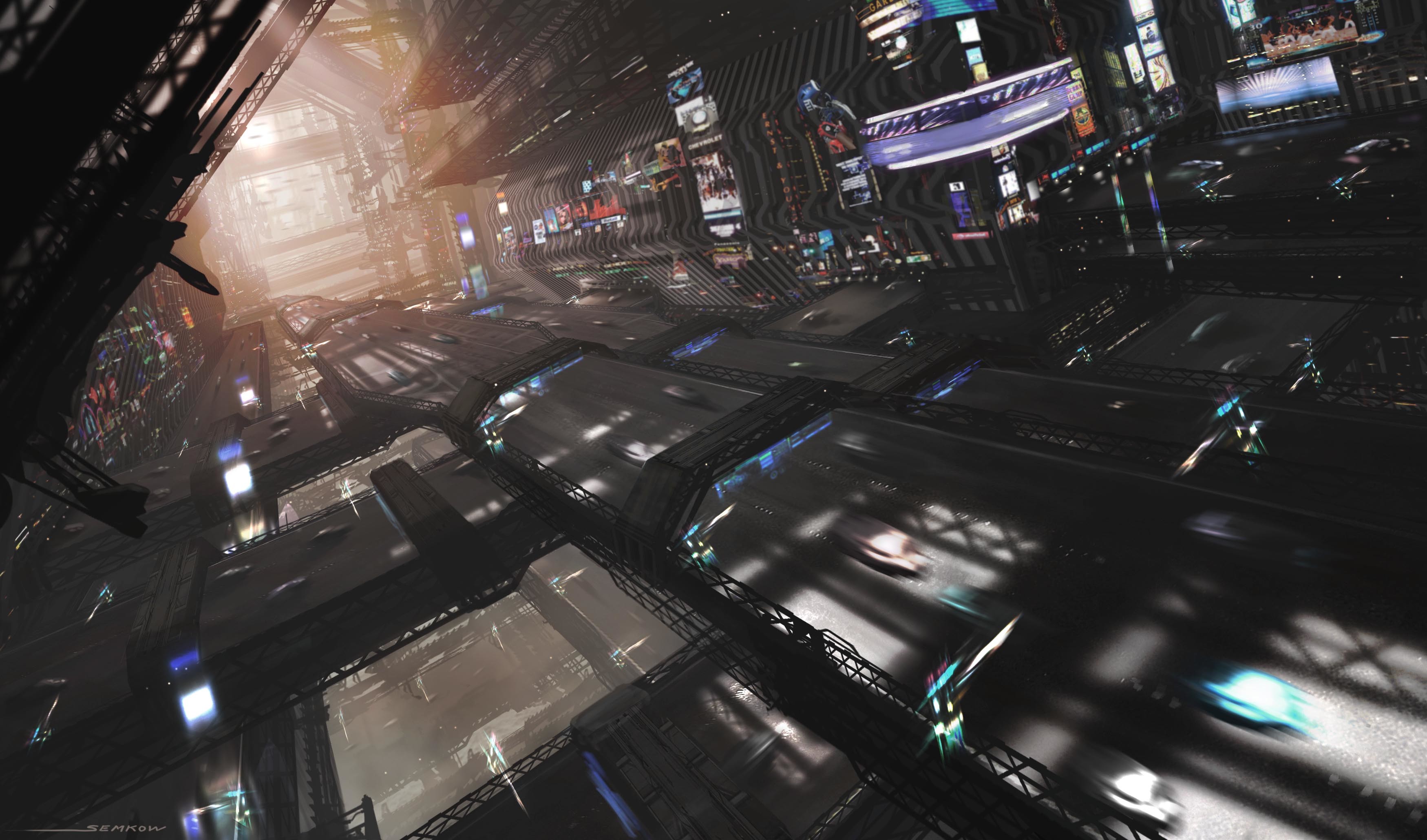 Città cyberpunk, Grattacieli, Prospettiva dall'alto, Arte concettuale, wallpaper desktop 2K
