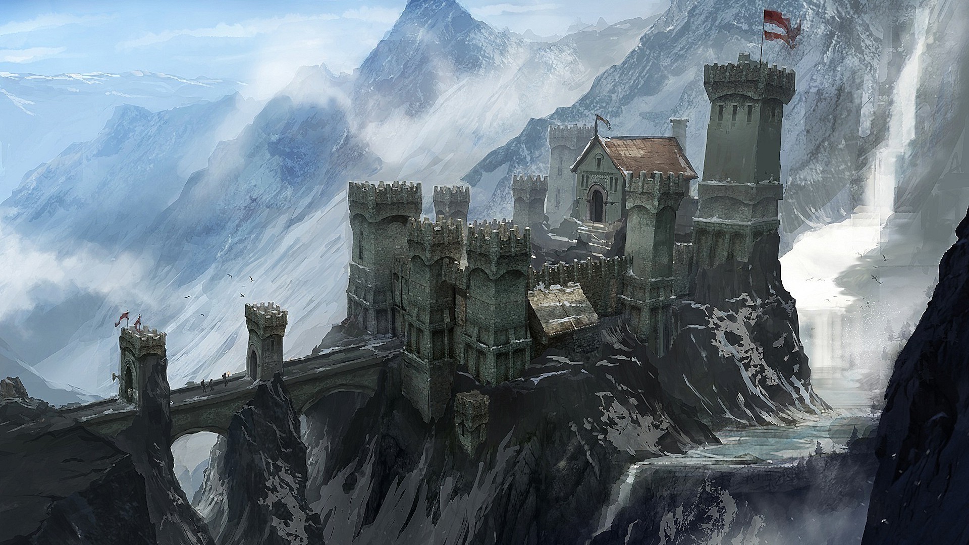 Dragon Age: Inquisition, Skyhold, Castello, Montagne innevate, Cascata, sfondo per portatile