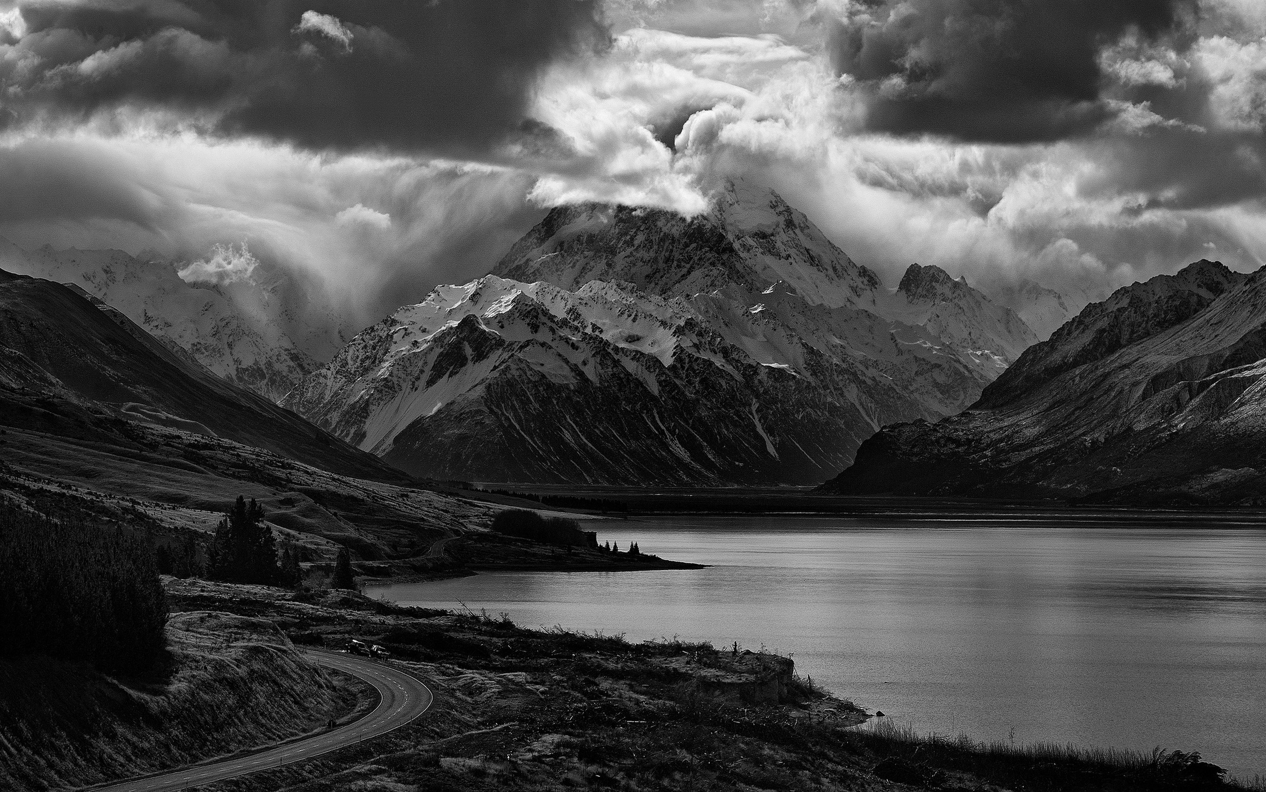 Monte Cook, Nuova Zelanda, Lago, Montagne, Bianco e nero, 2500x1563, sfondo MacBook Pro