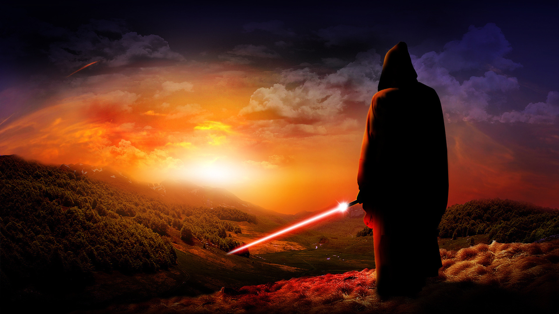 Sith, Star Wars, Spada laser, Tramonto, Figura incappucciata, Full HD, sfondo Windows 11